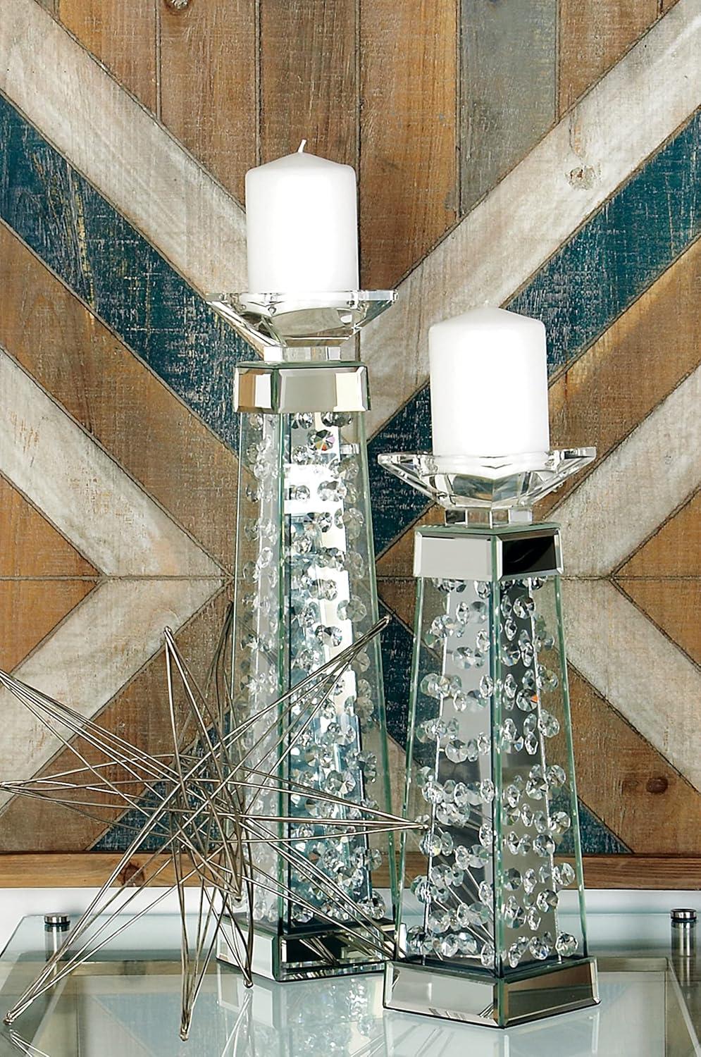 House of Hampton® Glass Pillar Silver Hurricane Lamp with Mirrored Accents
