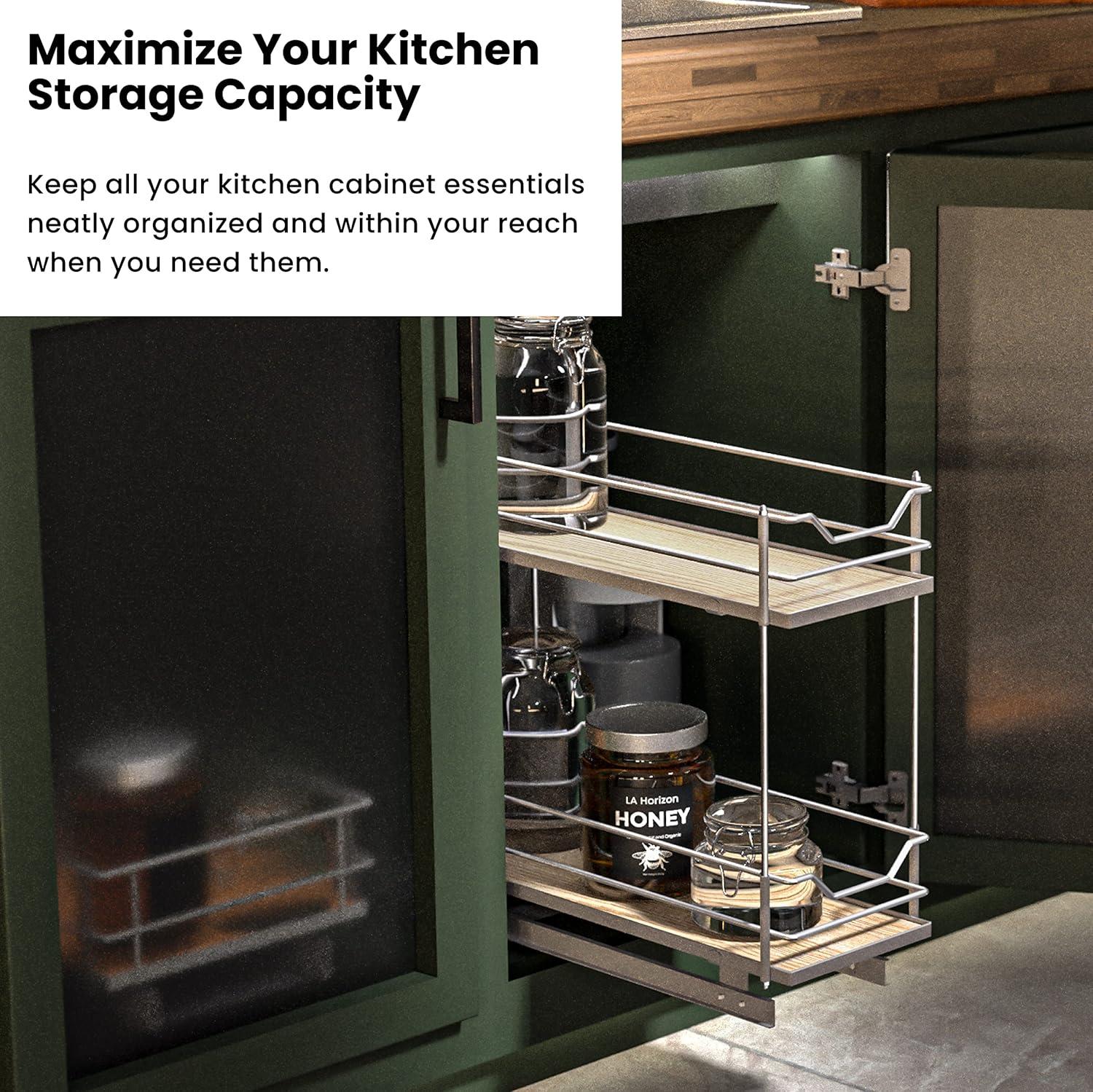 Home Zone Living 7.5” Width x 21” Depth 2 Shelf Pull Out Cabinet Organizer, Silver