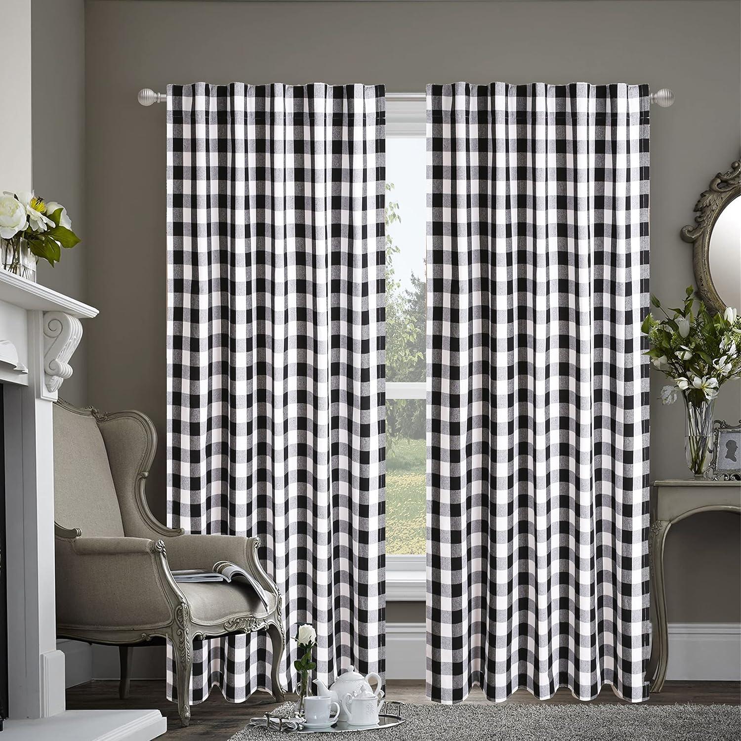 Black and White Cotton Gingham Check Plaid Curtain Panels