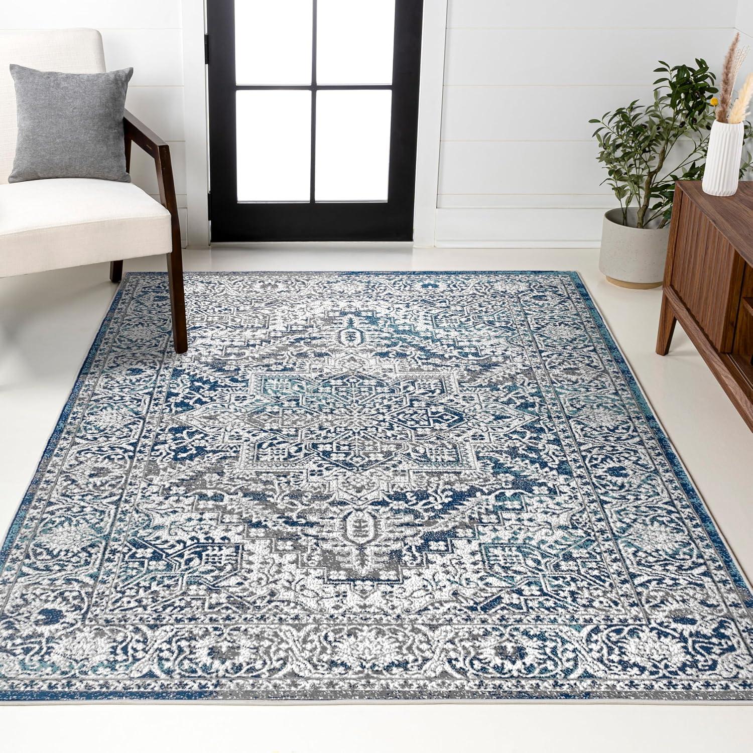 5'x8' Modern Vintage Medallion Area Rug, Navy /Light Grey - JONATHAN Y