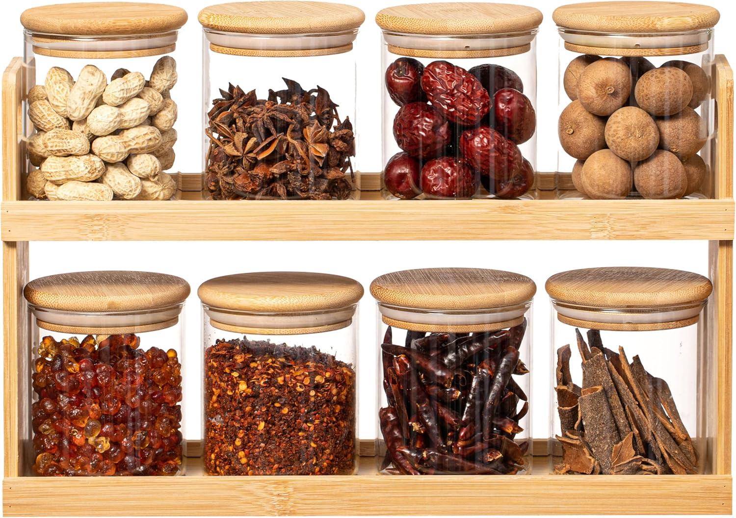 Basicwise 2-Tier Bamboo Spice Rack & Pantry Organizer with 8 Glass Jars.Perfect for Storage in Kitchens to Keep Seasoning Containers Neatly Displayed