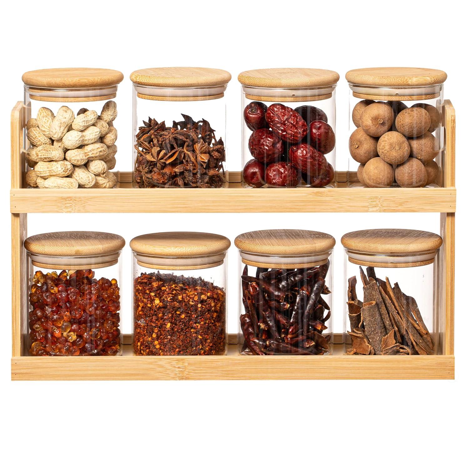 Basicwise 2-Tier Bamboo Spice Rack & Pantry Organizer with 8 Glass Jars.Perfect for Storage in Kitchens to Keep Seasoning Containers Neatly Displayed