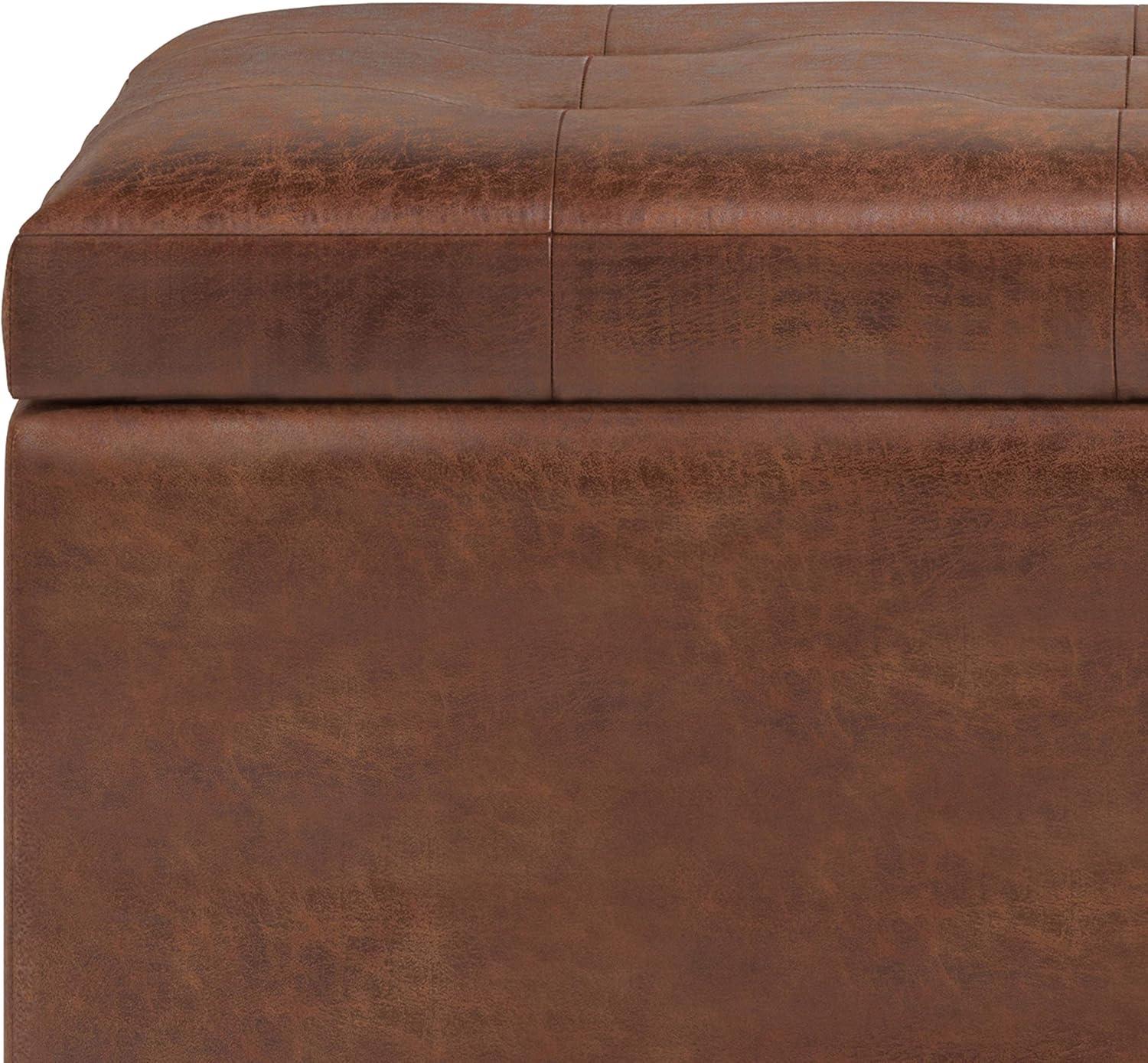 Simpli Home Cosmopolitan Storage Ottoman In Distressed Saddle Brown Vegan Faux Leather