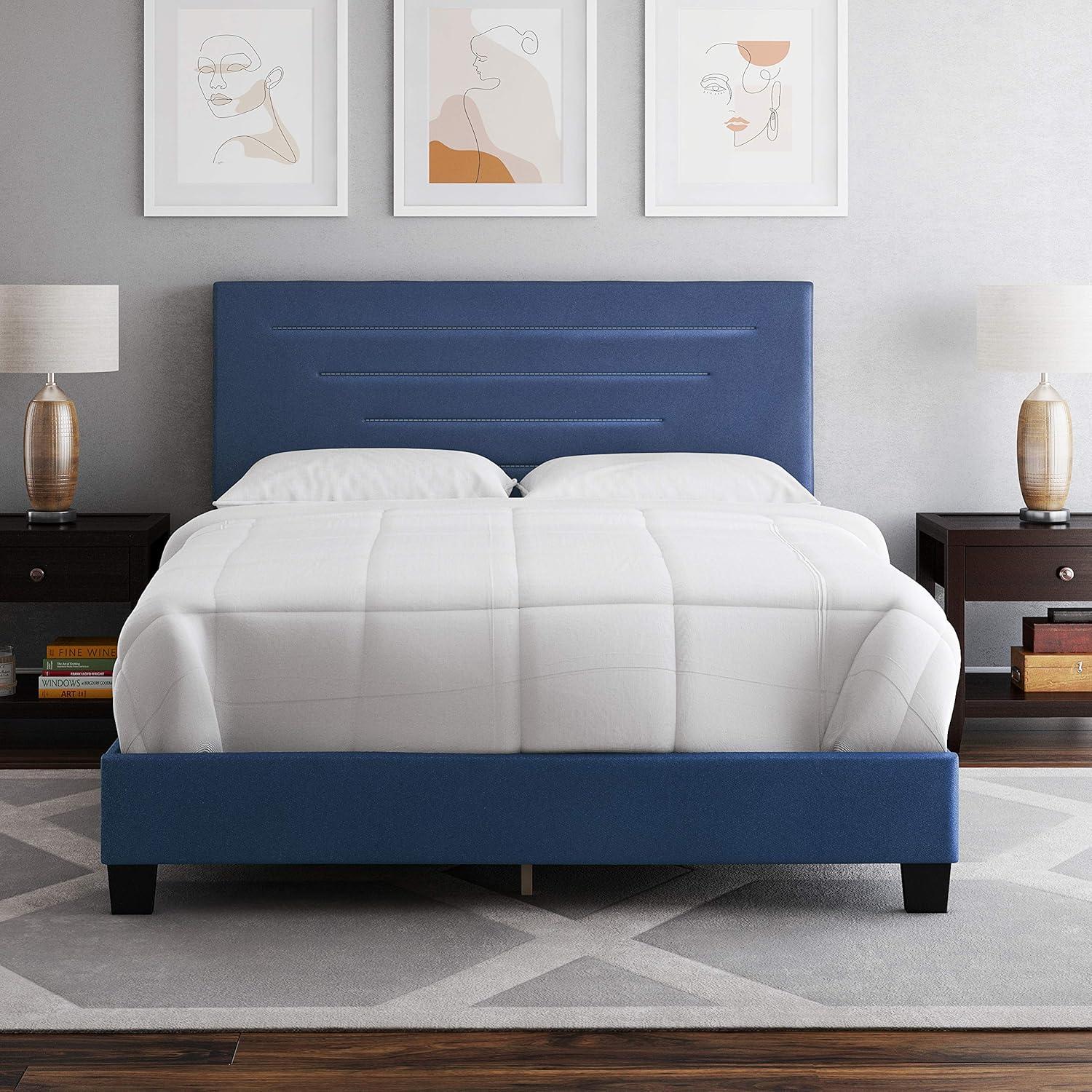 Luxenbourg Blue Faux Leather King Platform Bed with Tufted Upholstered Headboard