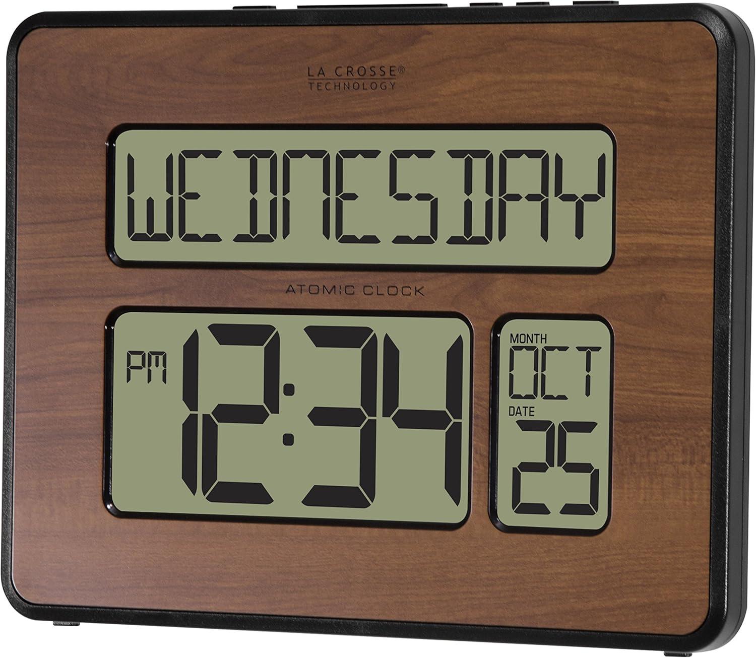 La Crosse Technology 513-1419-WA Atomic Full Calendar Digital Clock with Extra Large Digits, Walnut