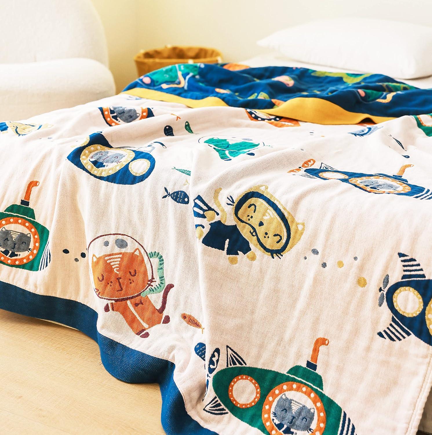 Scientific Sleep Underwater Scuba Cat Kitty Diver Submarine Fish Sea 100% Cotton Muslin Blanket Throw Cover for Bed Couch Sofa Cozy Soft Reversible Bedding Bedspread Coverlet Twin 60 in x 80 in