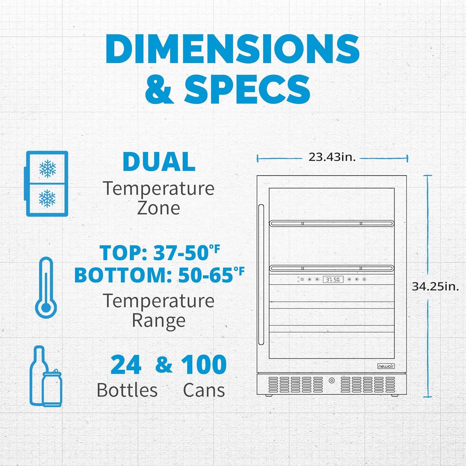 Newair 24" Built-in Dual Zone Wine and Beverage Refrigerator 24 Bottles & 100 Cans, Black Stainless Steel, Drinks and Wine Combination Fridge