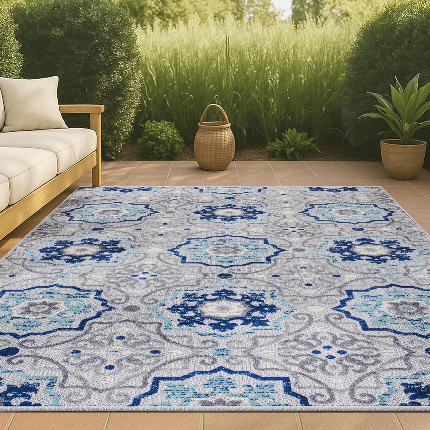 3'x5' Mediterranean Medallion Indoor/Outdoor Area Rug, Blue/Gray - JONATHAN Y