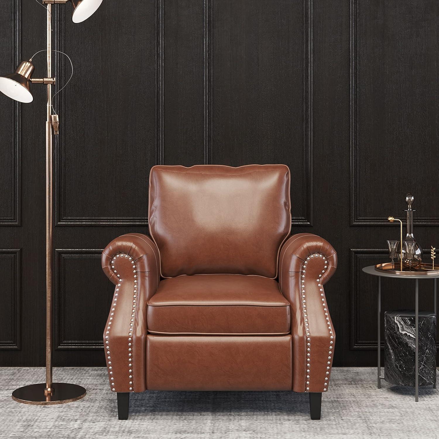 Cognac Brown Faux Leather Club Chair with Nailhead Trim