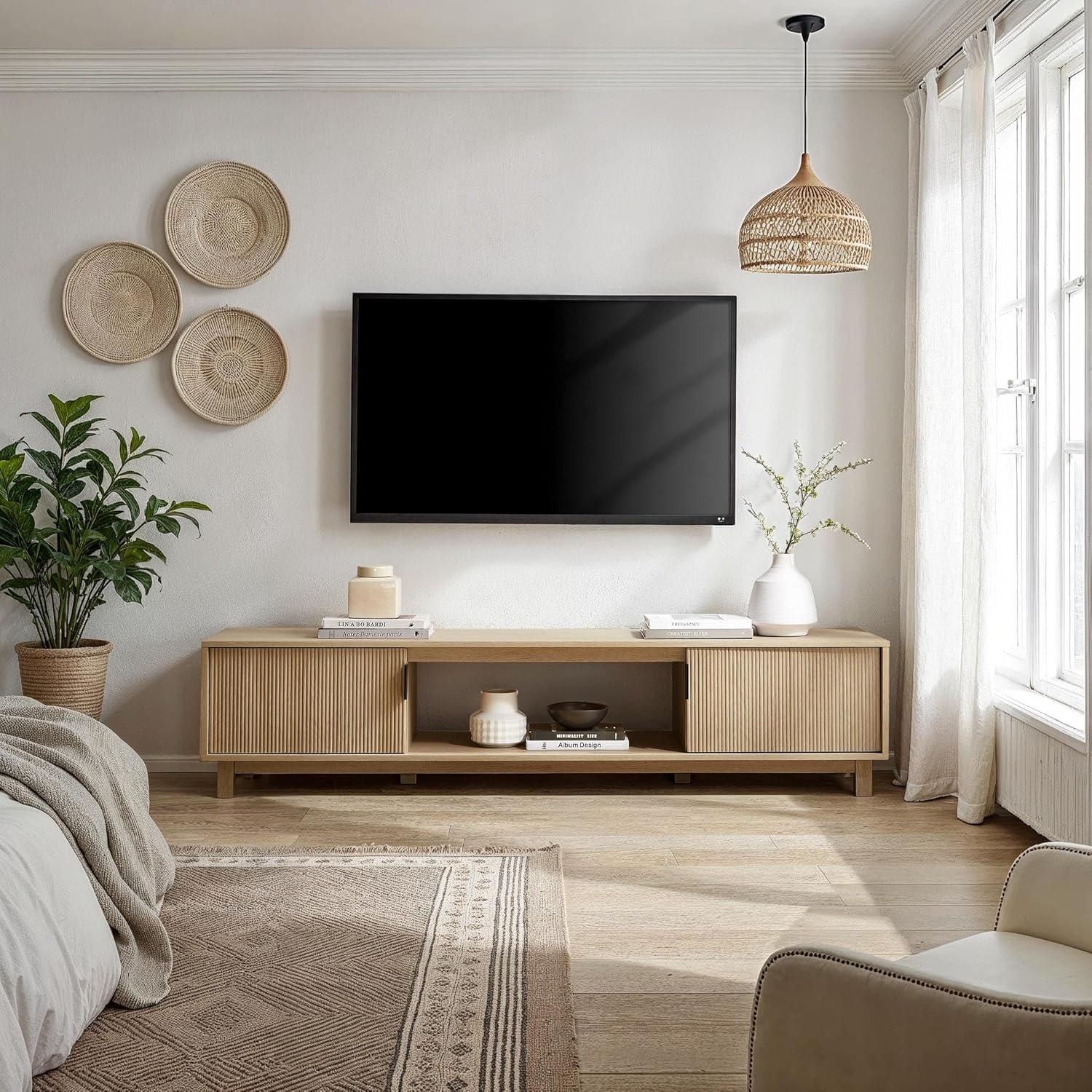 Walker Edison Mid-Century Modern Reeded 2-Door TV Stand for TVs up to 80”, Coastal Oak