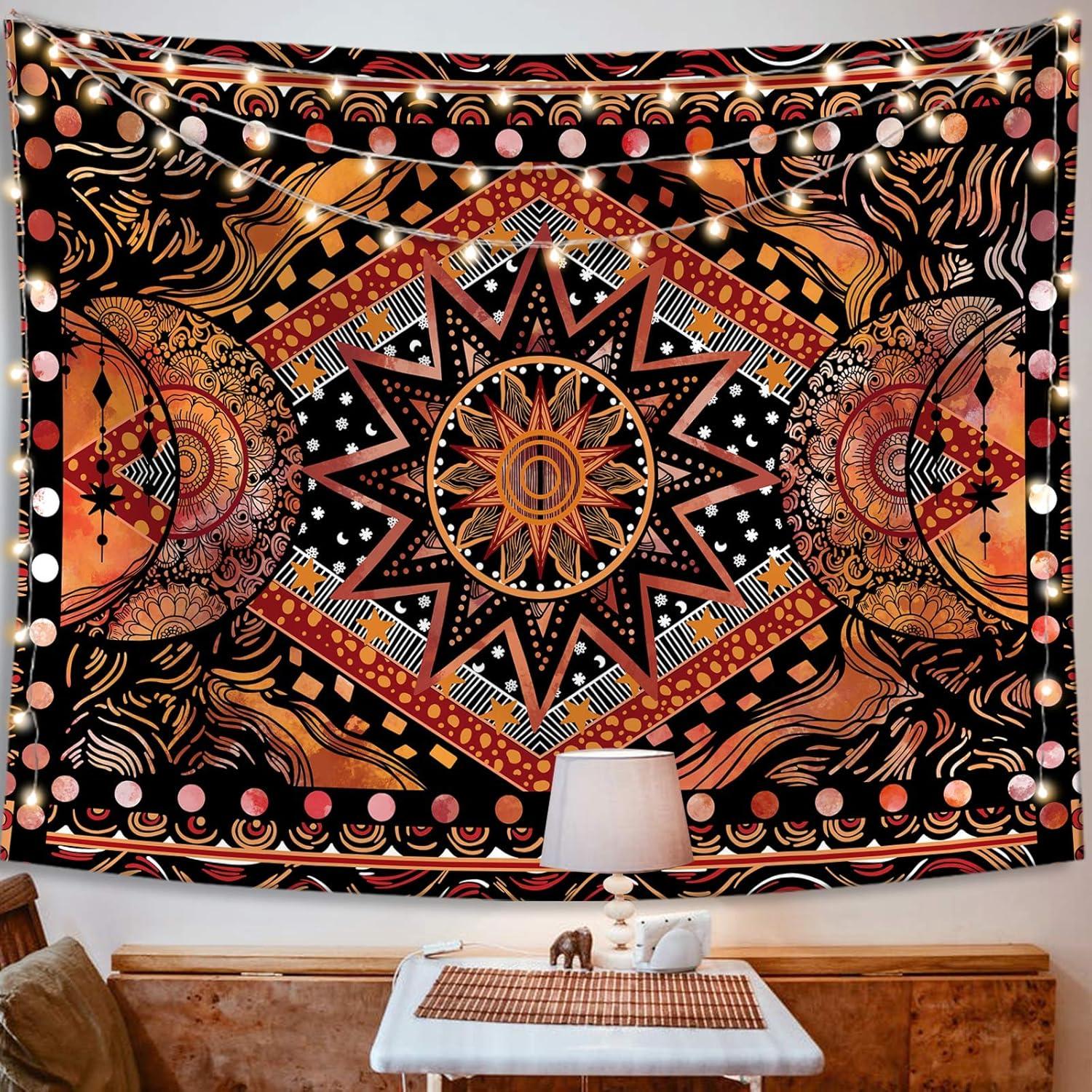 Orange Sun and Moon Tapestry Wall Hanging, Indie Hippie Mandala Cool Wall Tapestries, Aesthetic Tapestry for Bedroom Living Room Dorm (Orange, 60'''' × 80'''')