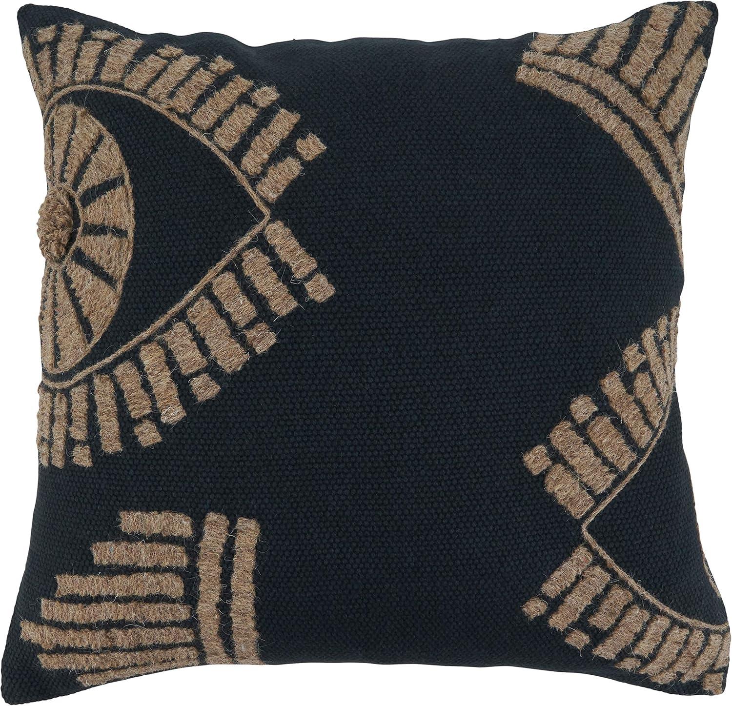 Medium Black Cotton Geometric Embroidered Throw Pillow