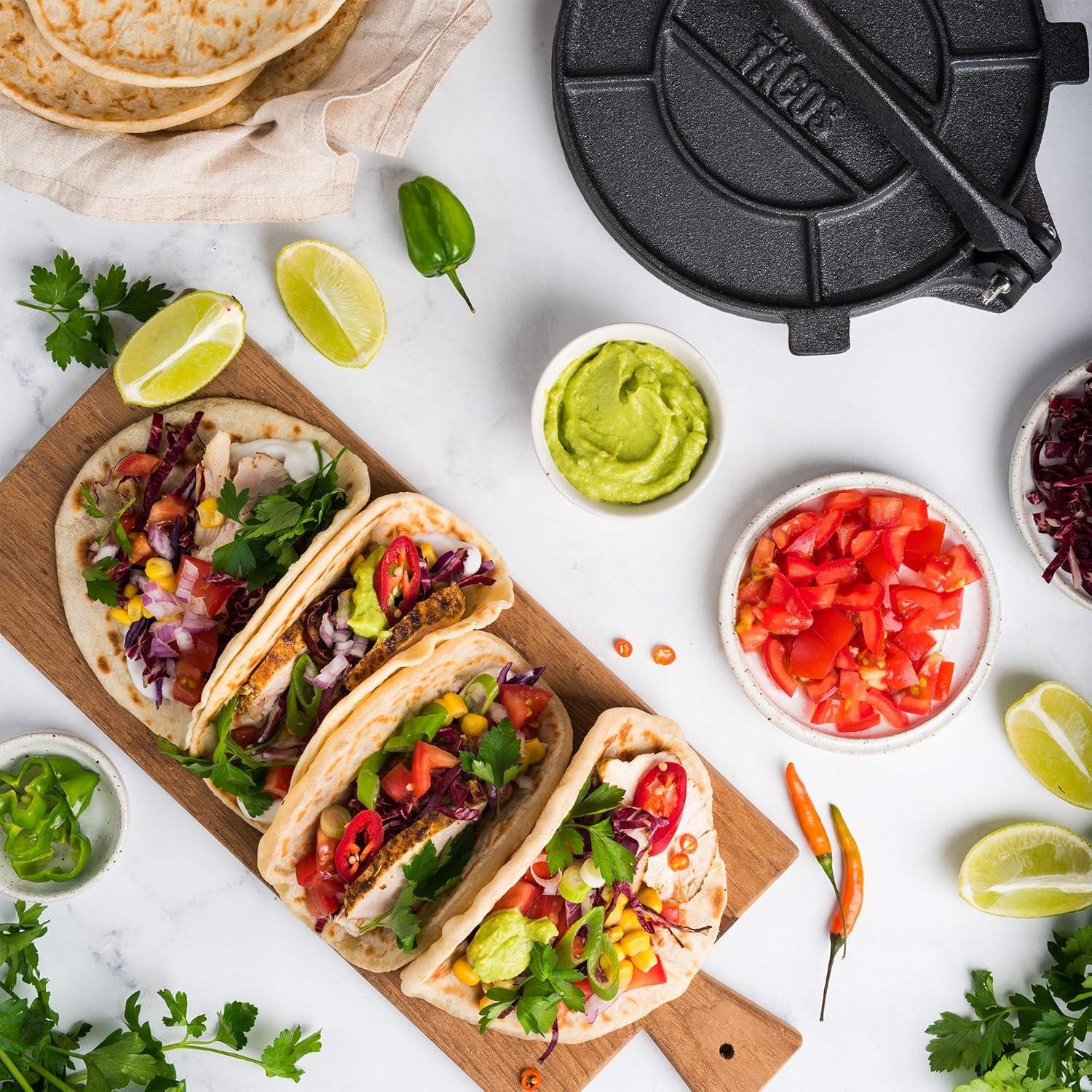 Chef Tacos Authentic Cast Iron Tortilla Press, 8 inch, Pre-Seasoned for a Flavorful, Fresh, Warm Corn or Flour Tortilla