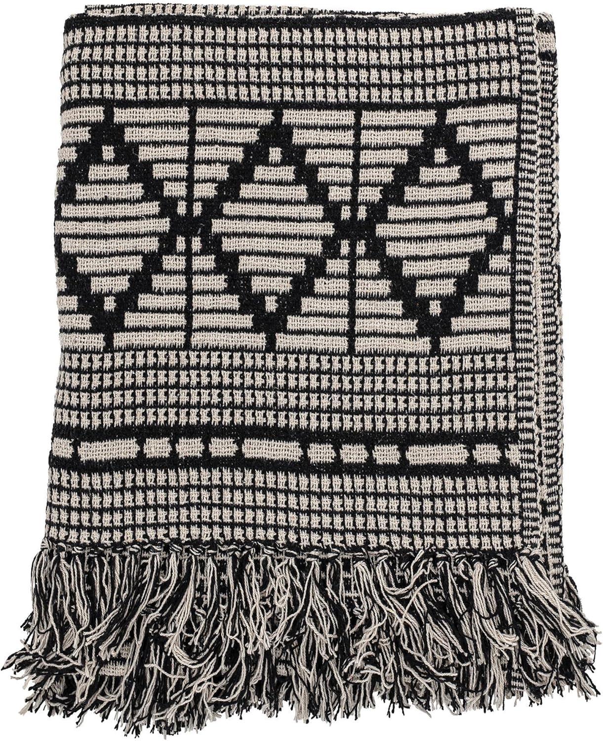 Bloomingville Black & Beige Diamond-Patterned Cotton Blend Throw with Fringe