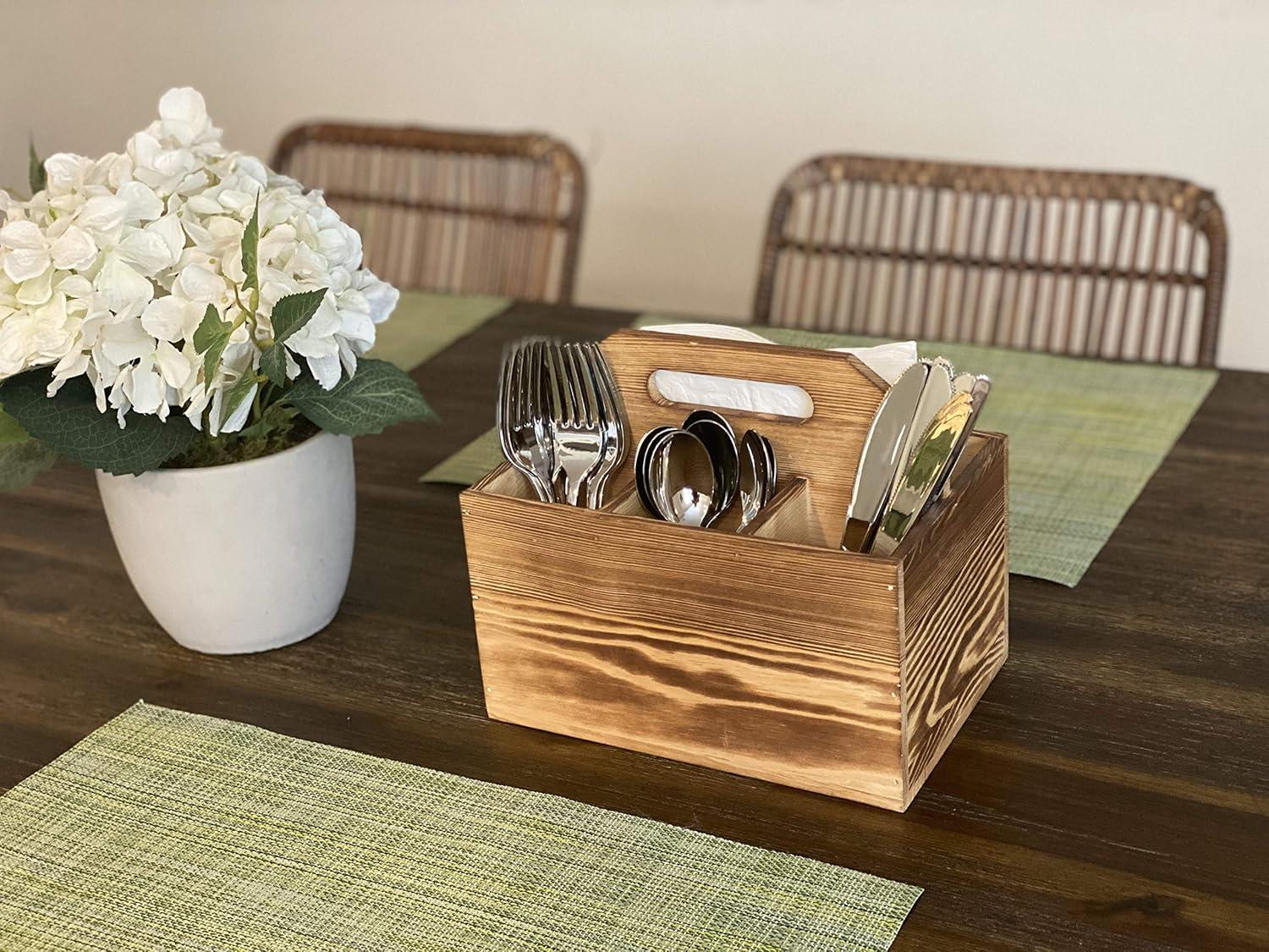 Rustic Pine Wood Utensil and Napkin Holder Caddy