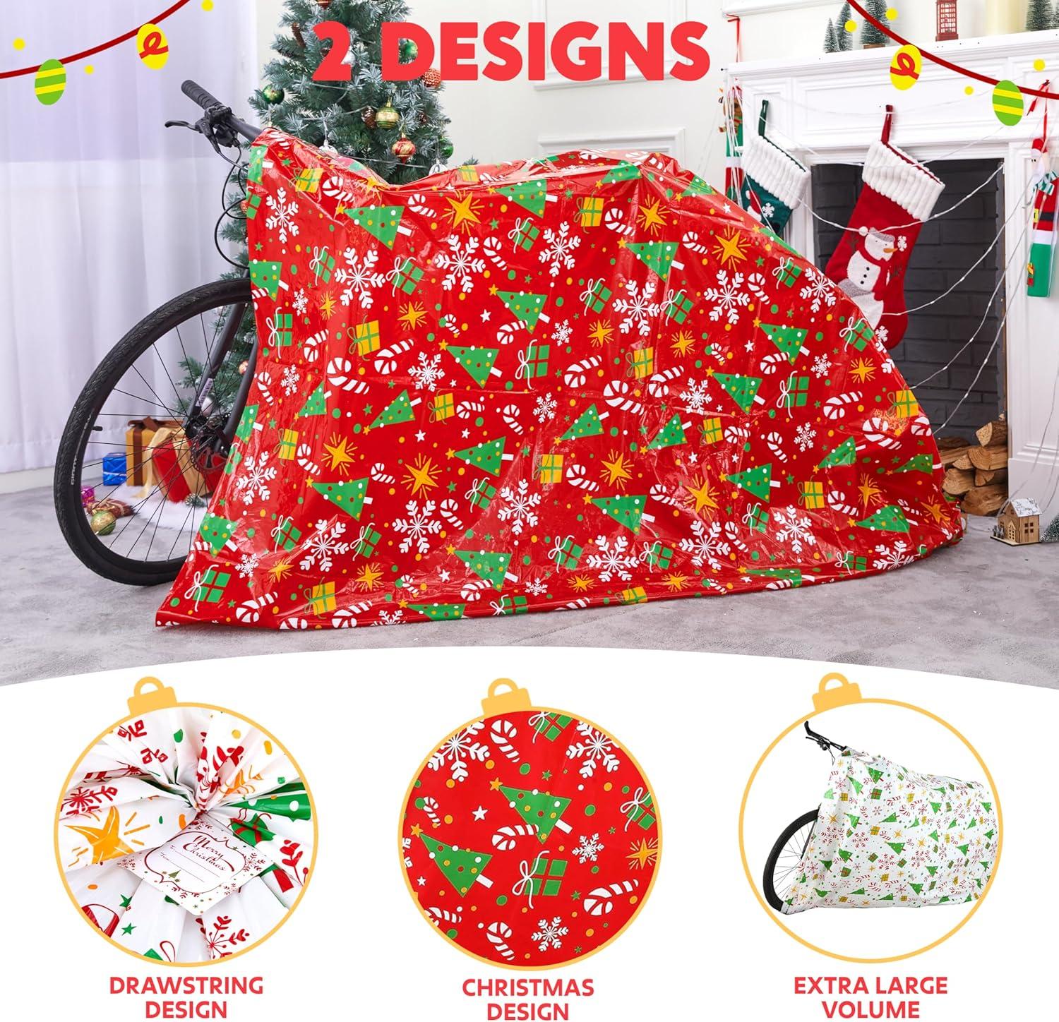 JOYFY 2 PCS Jumbo Christmas Bike Bags with Gift Tags - 72” x 60” Bags for Xmas Gift - Red + White