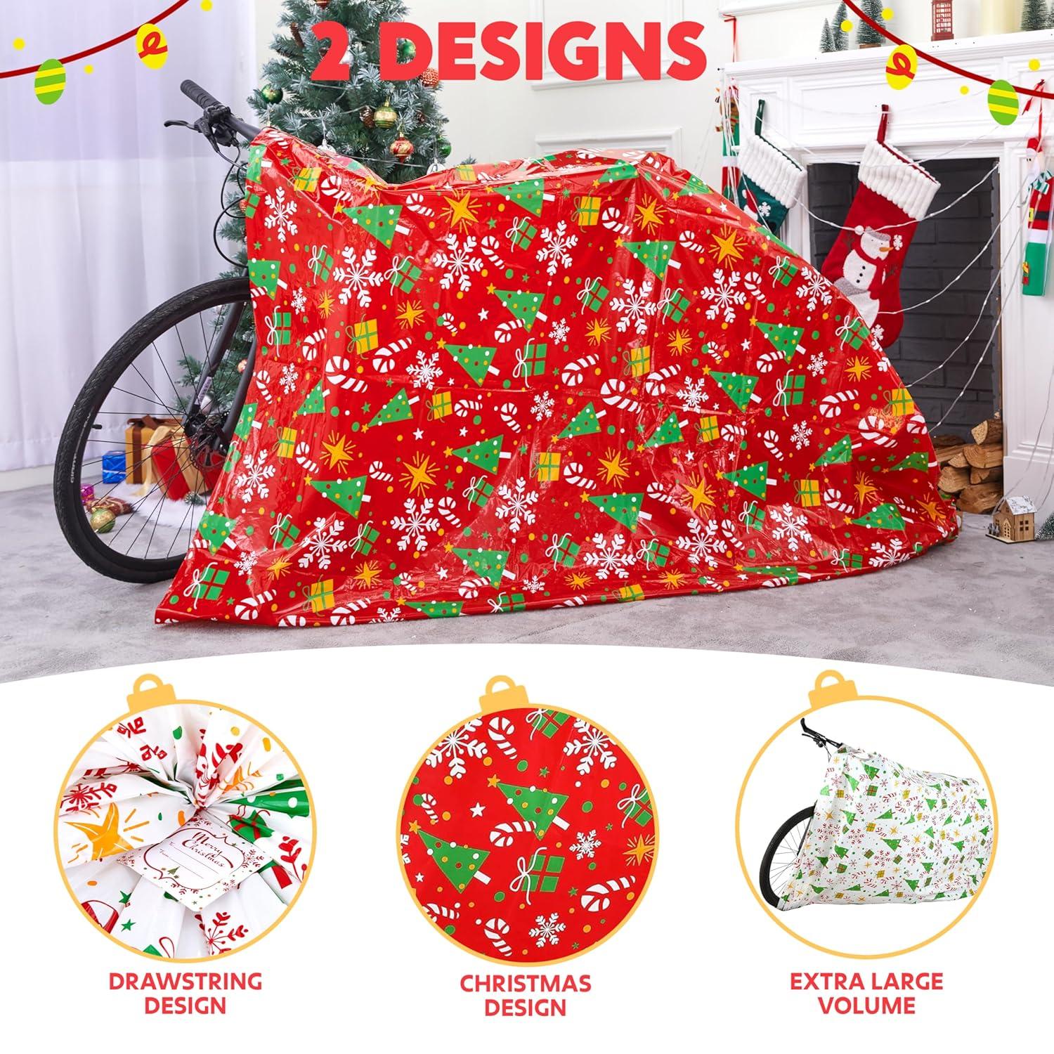 JOYFY 2 PCS Jumbo Christmas Bike Bags with Gift Tags - 72” x 60” Bags for Xmas Gift - Red + White