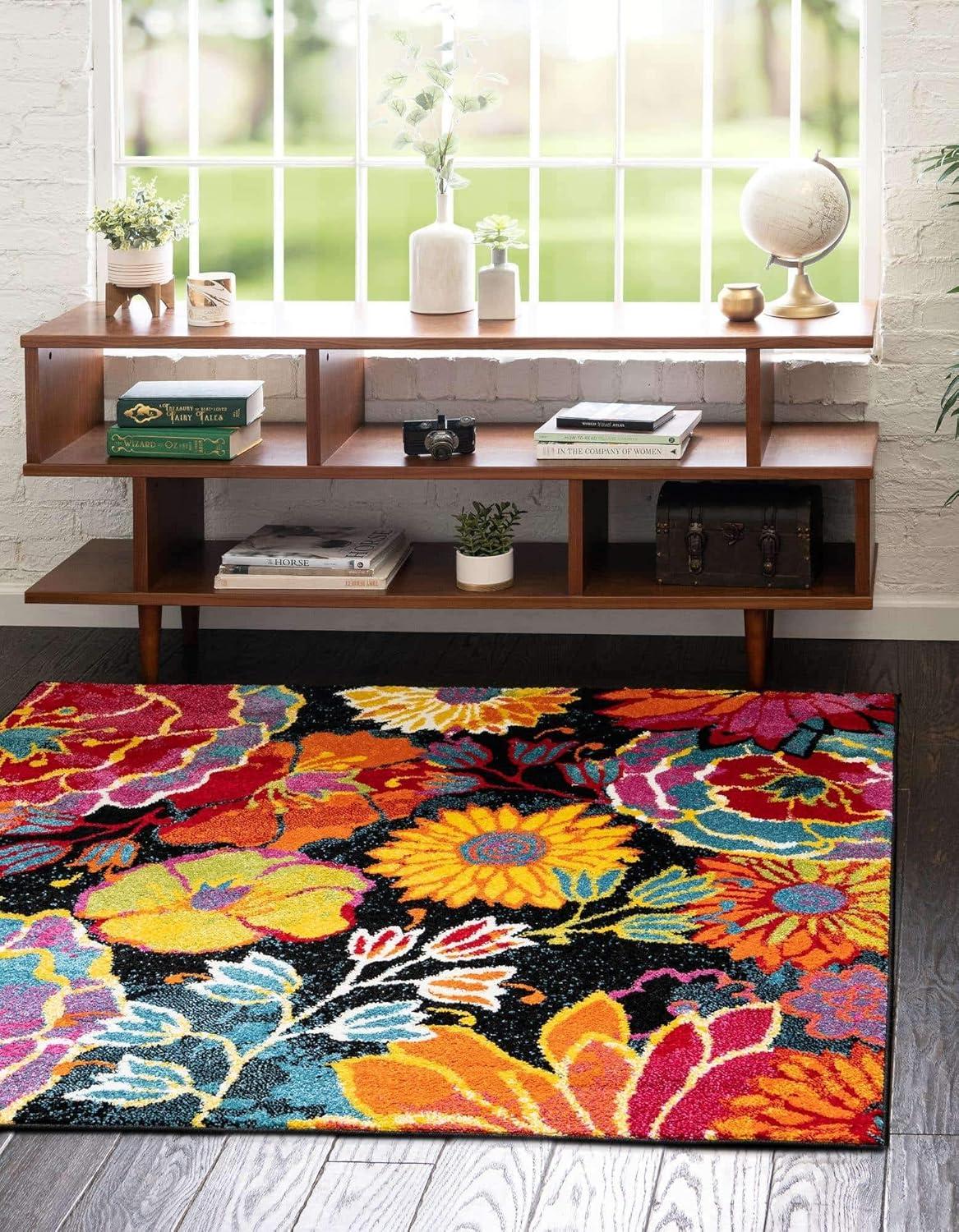 Black Floral Square Stain-Resistant Kids Rug