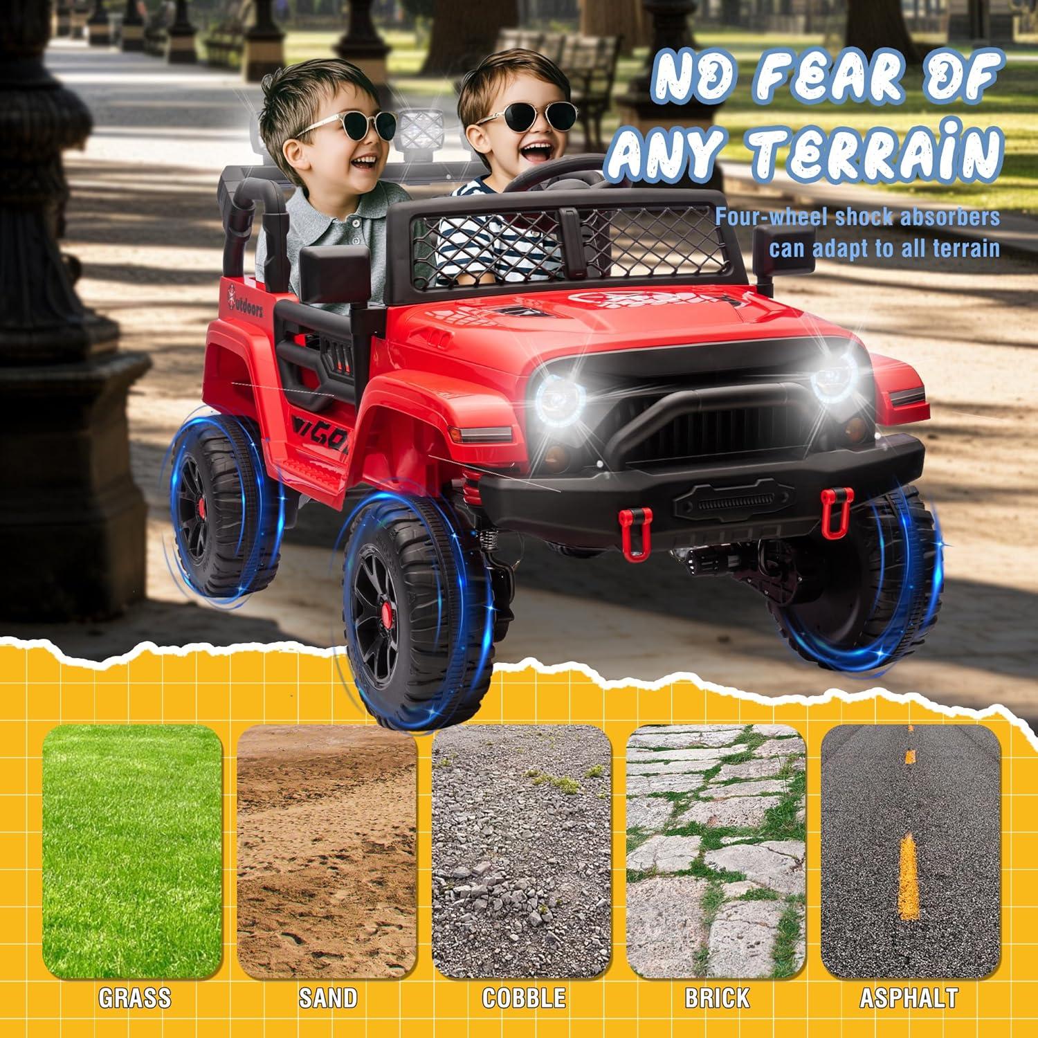 Farmdex 24 Volt Ride on Toys 2 Seater 4WD Ride on Cars with Remote Control, Electric Car for Kids w/ 4x100W, Power Car Wheels for Boys Girls, Kids Ride on Truck w/ Music, LED Light, Bluetooth, Red