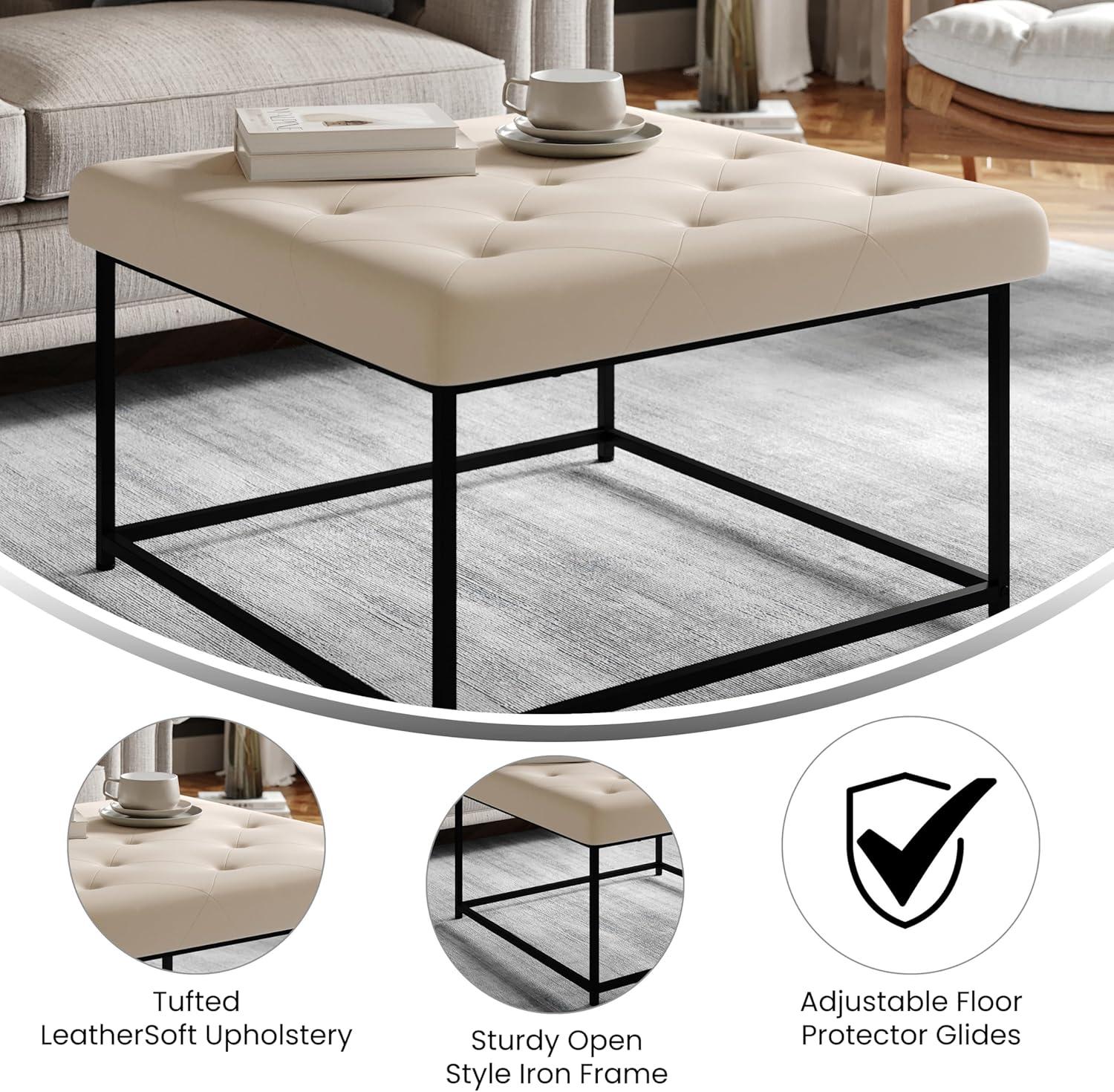 Flash Furniture Ashton 30" Square LeatherSoft Tufted Ottoman with Metal Frame, Beige LeatherSoft/Black Frame