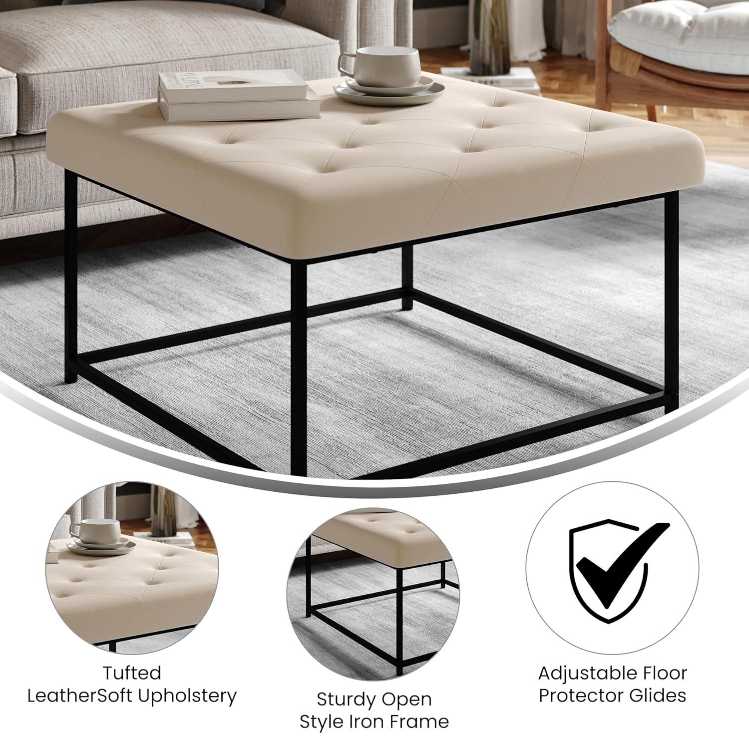 Flash Furniture Ashton 30" Square LeatherSoft Tufted Ottoman with Metal Frame, Beige LeatherSoft/Black Frame