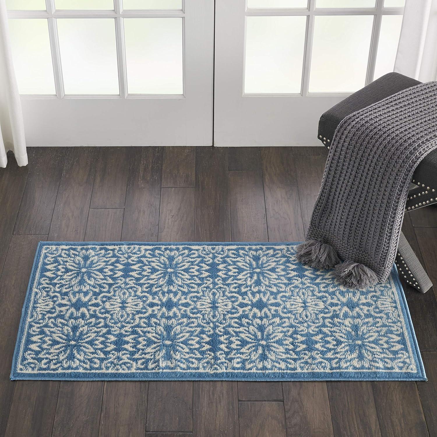 Ivory & Blue Floral Hand-Knotted Viscose Area Rug, 2' x 4'