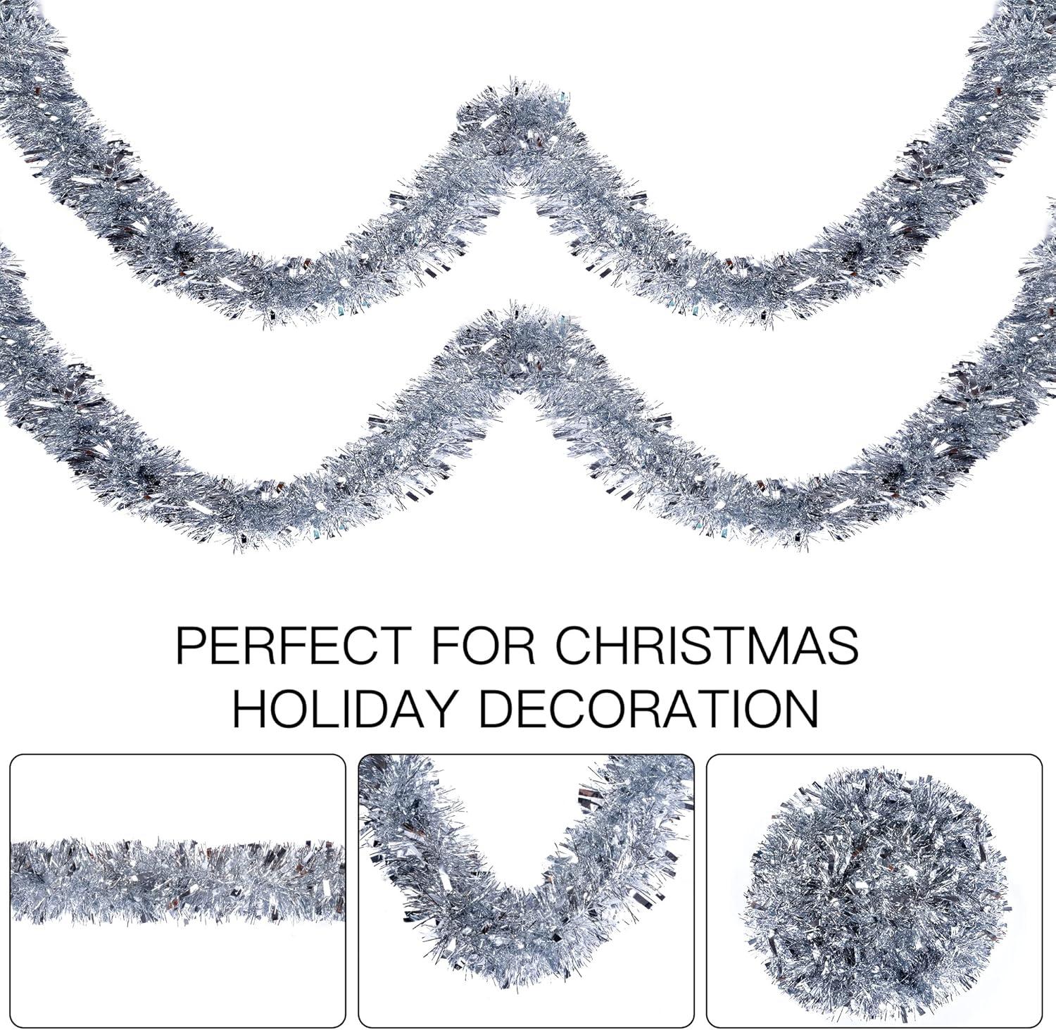 49.2Ft Christmas Silver Tinsel Garland Xmas Tree Decorations Christmas Metallic Twist Garland Ceiling Hanging Decorations for New Year Party Birthday Holiday Indoor Outdoor Supplies Silver