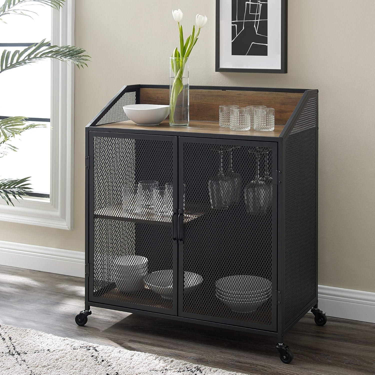 Walker Edison Industrial Bar Cabinet with Wheels, Reclaimed Barn wood