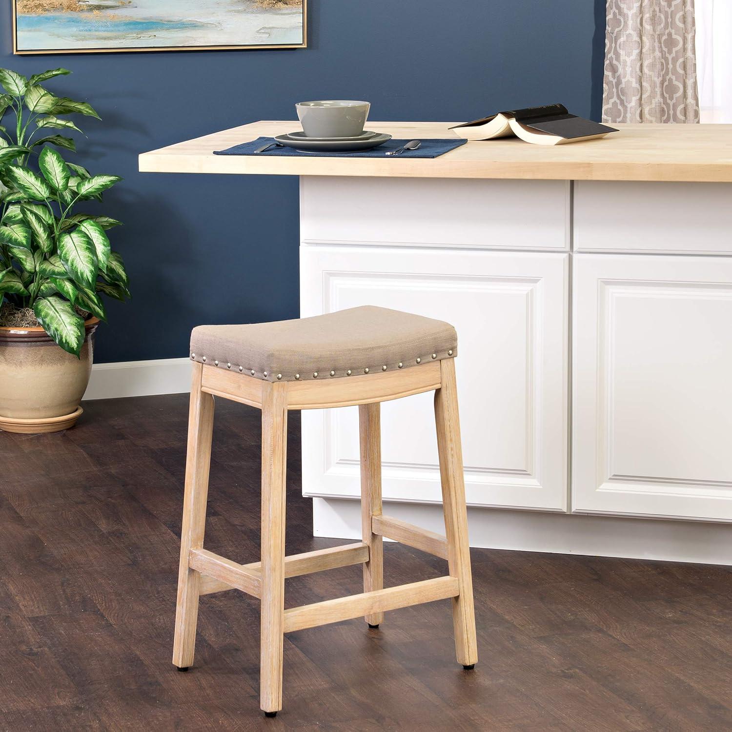 Saddle-Style Blake Backless Brown Wood Counter Stool with Nailheads