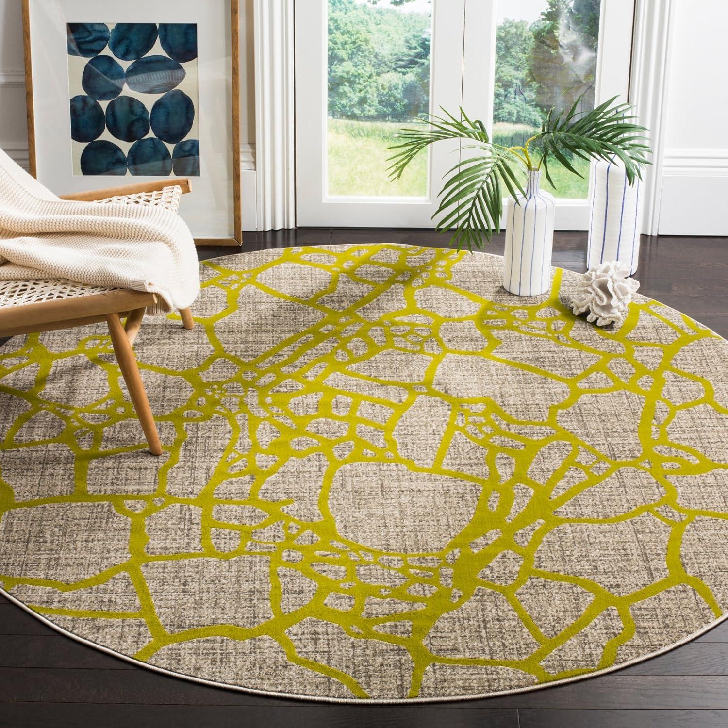 Light Grey and Green Floral Synthetic Area Rug