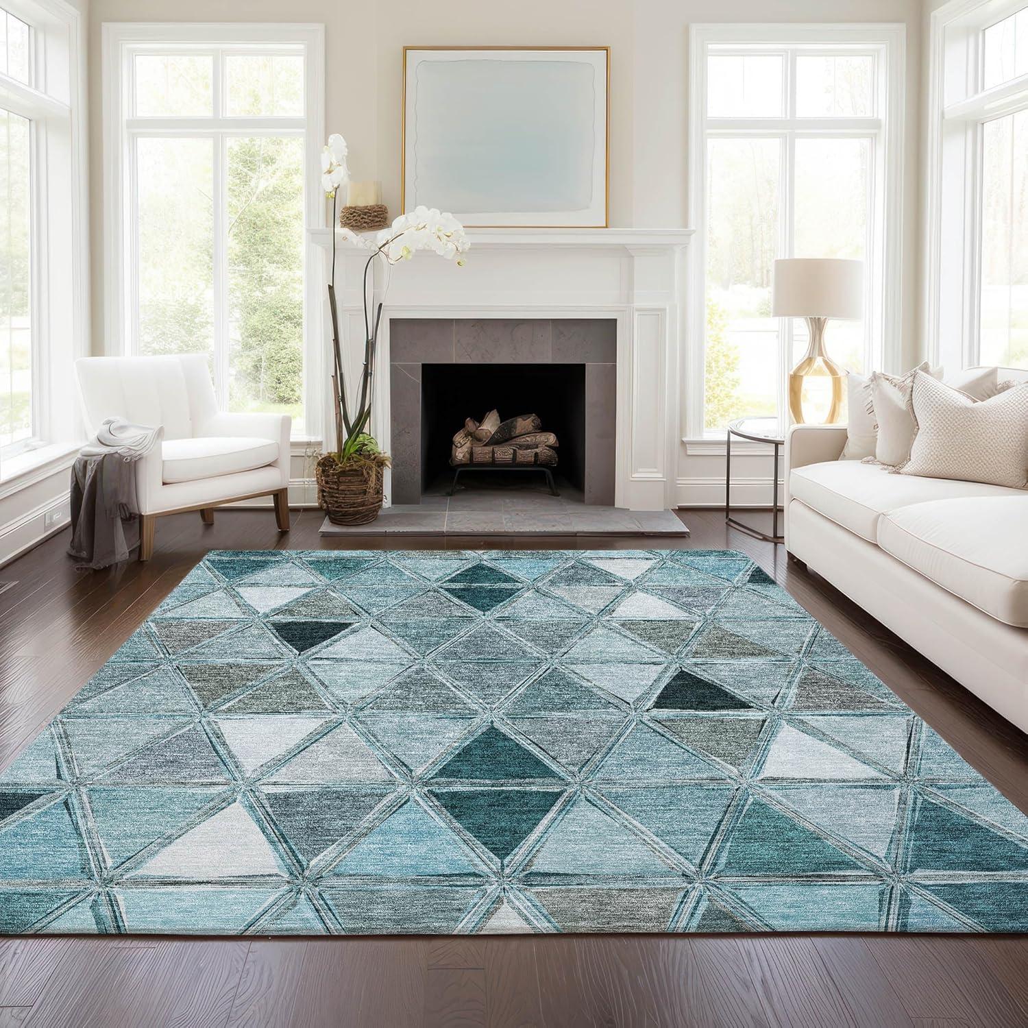 Teal Geometric Flat Woven Indoor Outdoor Washable Rug