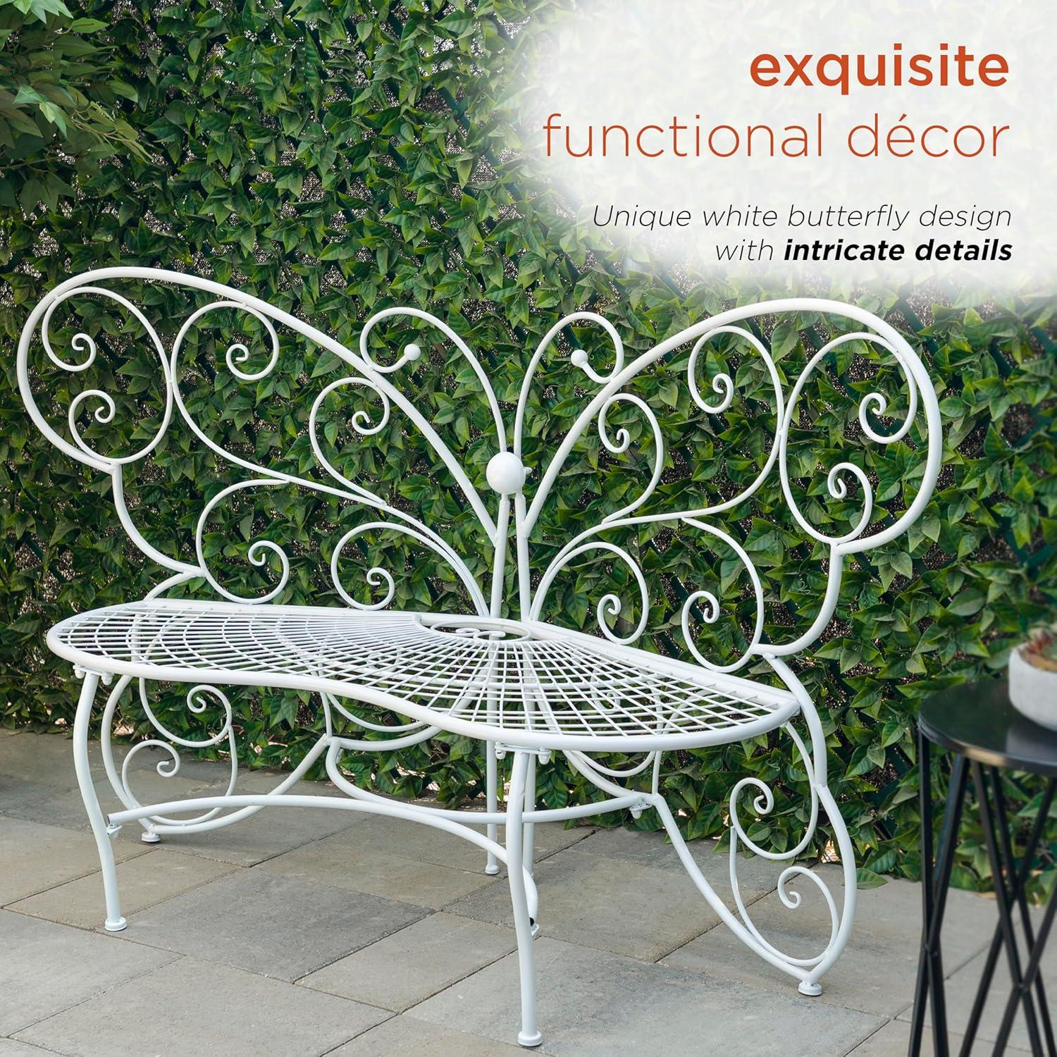 38" x 62" Metal Butterfly Outdoor Bench White - Alpine Corporation: Weather-Resistant, Garden Seating