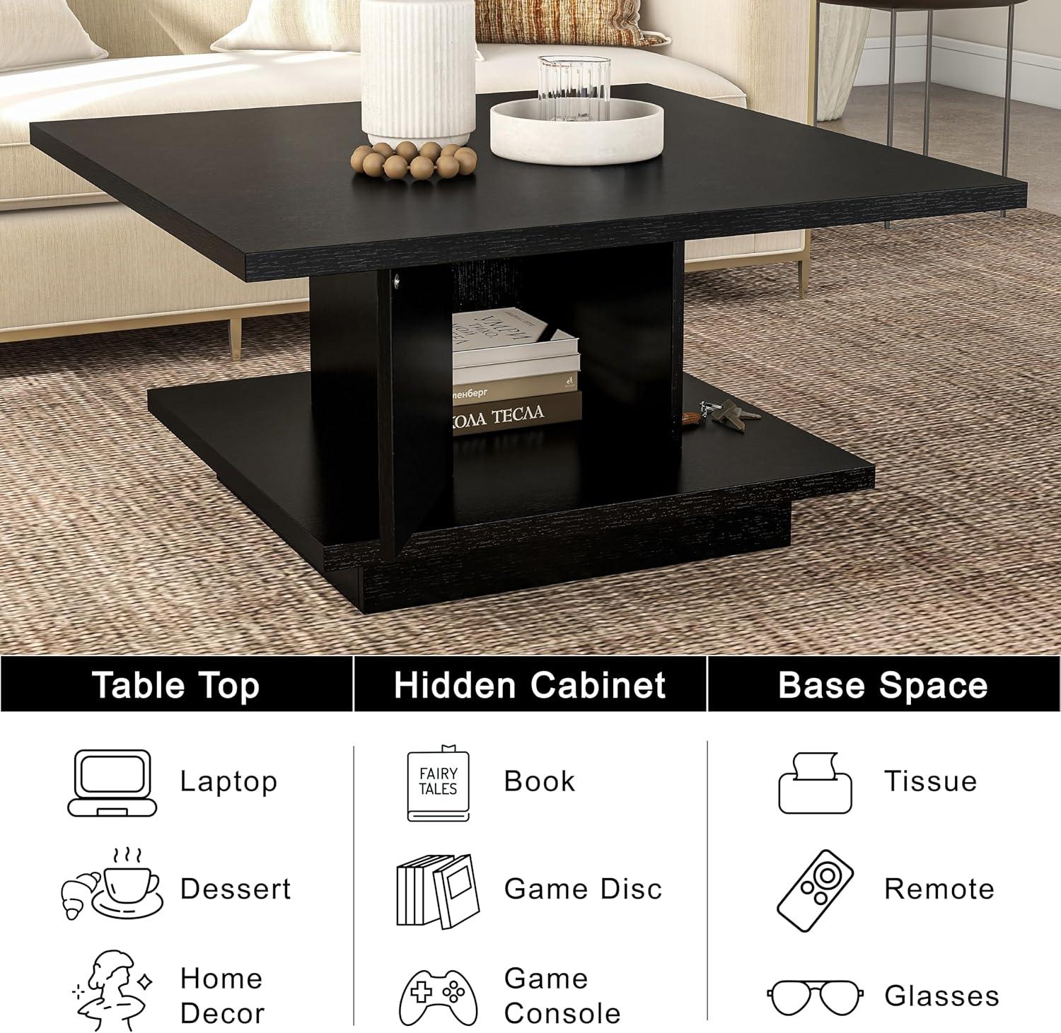 24/7 Shop at Home Lukas 31 inch Square Coffee Table with Hidden Storage and Base Shelf, Contemporary Furniture for Living Room, Home Office, Apartment, Small Space, Black