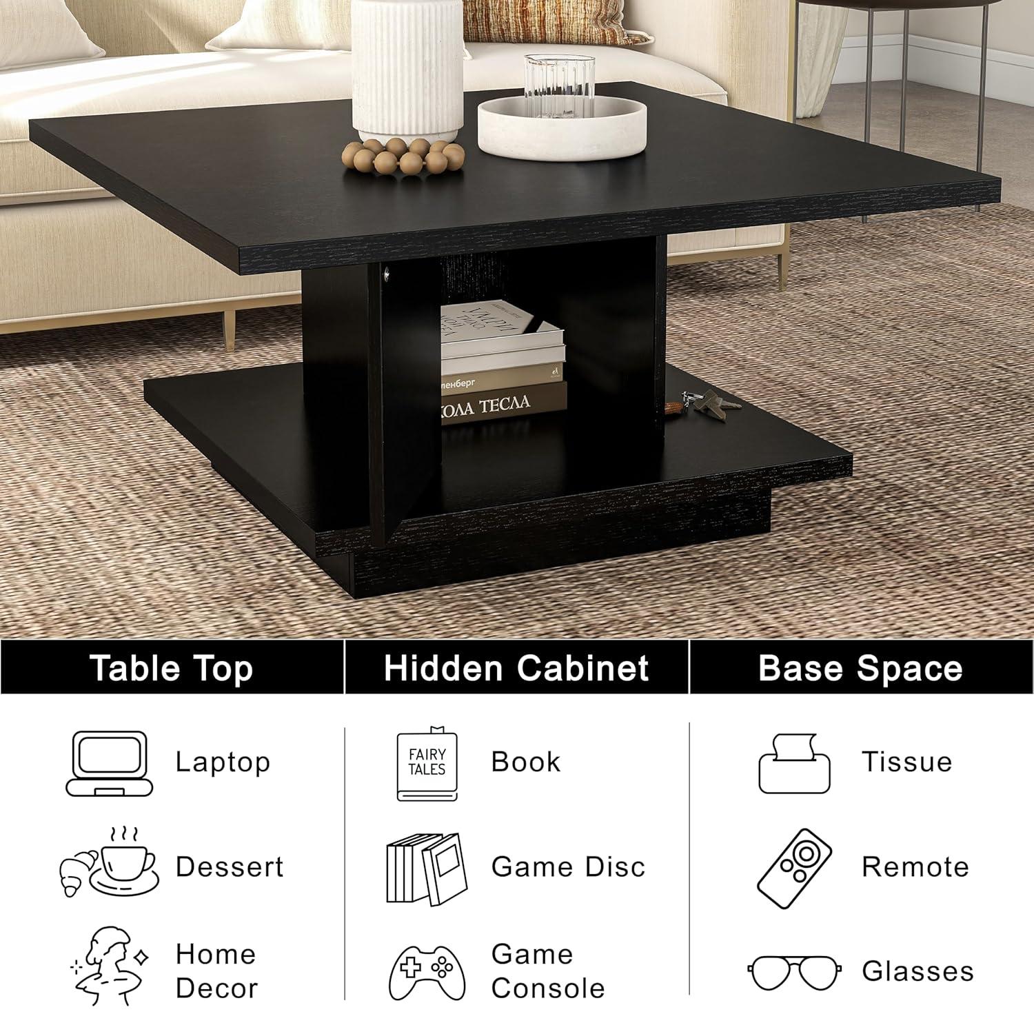 24/7 Shop at Home Lukas 31 inch Square Coffee Table with Hidden Storage and Base Shelf, Contemporary Furniture for Living Room, Home Office, Apartment, Small Space, Black