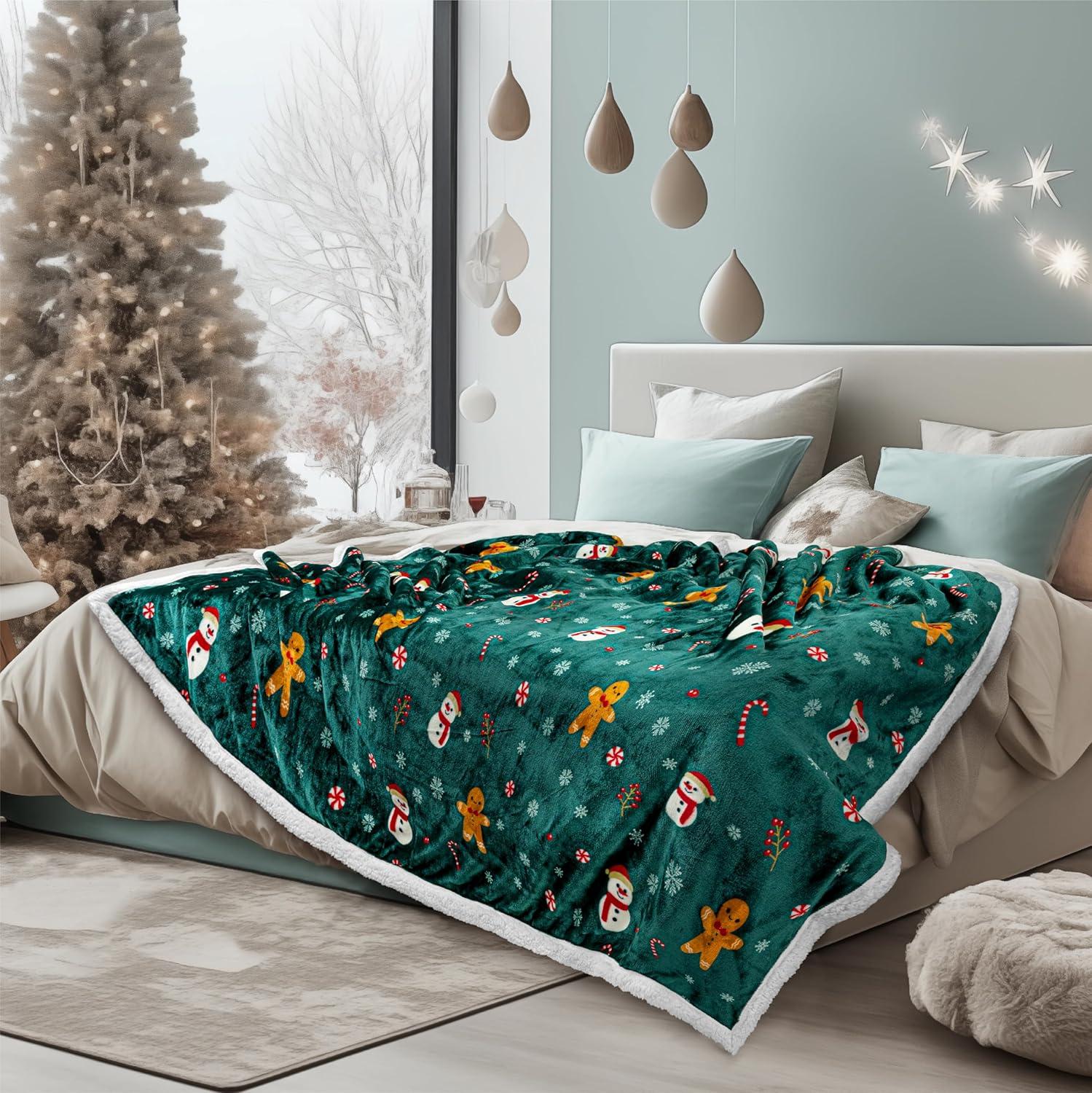 Twin Green Gingerbread Fleece Sherpa Reversible Christmas Blanket