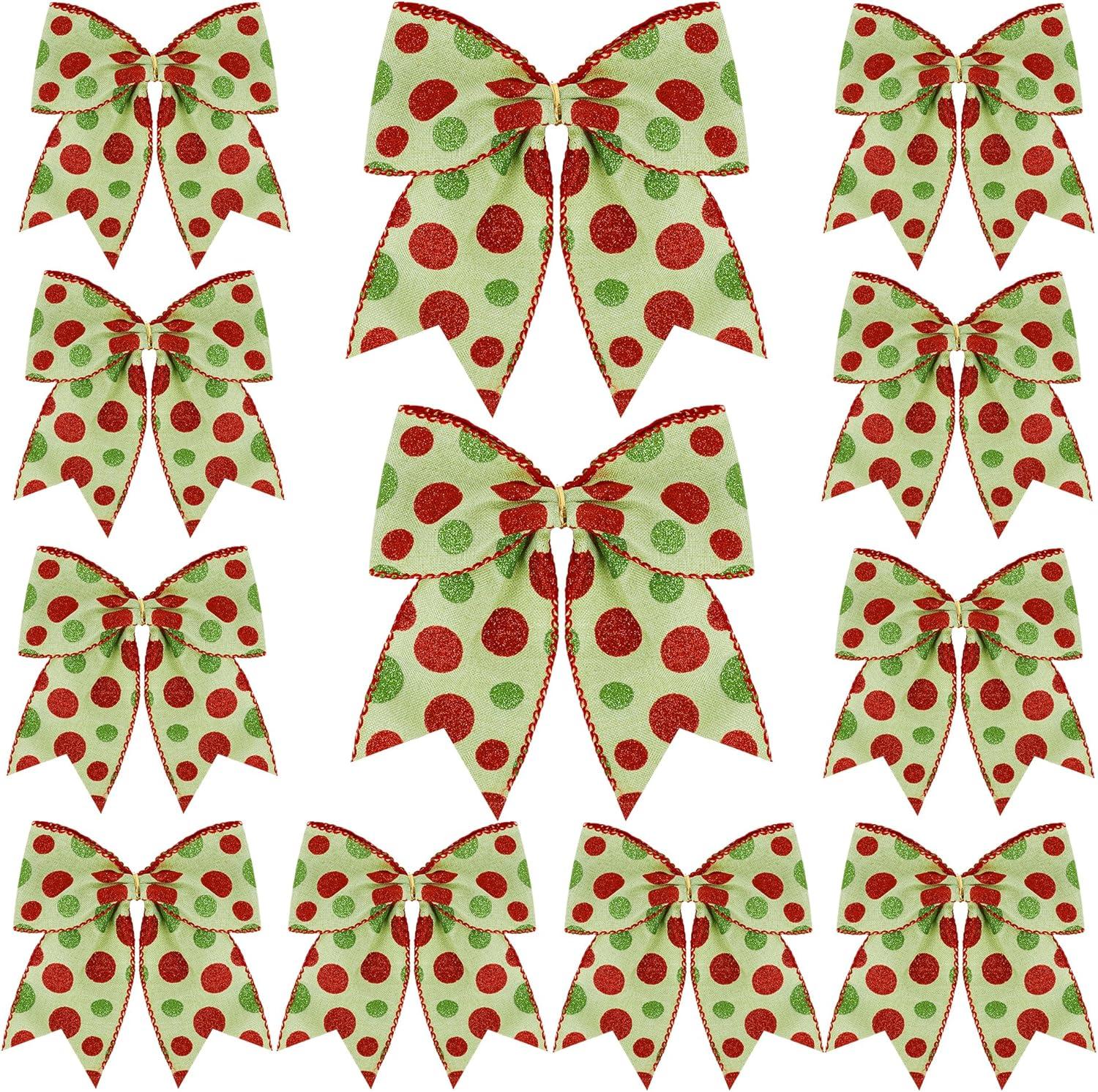 Sandistore Cute Cars 12pcs Christmas Tree Bows Ornaments 6 Inch Large Christmas Wreath Bows Red Green Xmas Tree Bows Christmas Glitter Dot Bows Ribbons Decoration For Garland Diamonds for Crafts