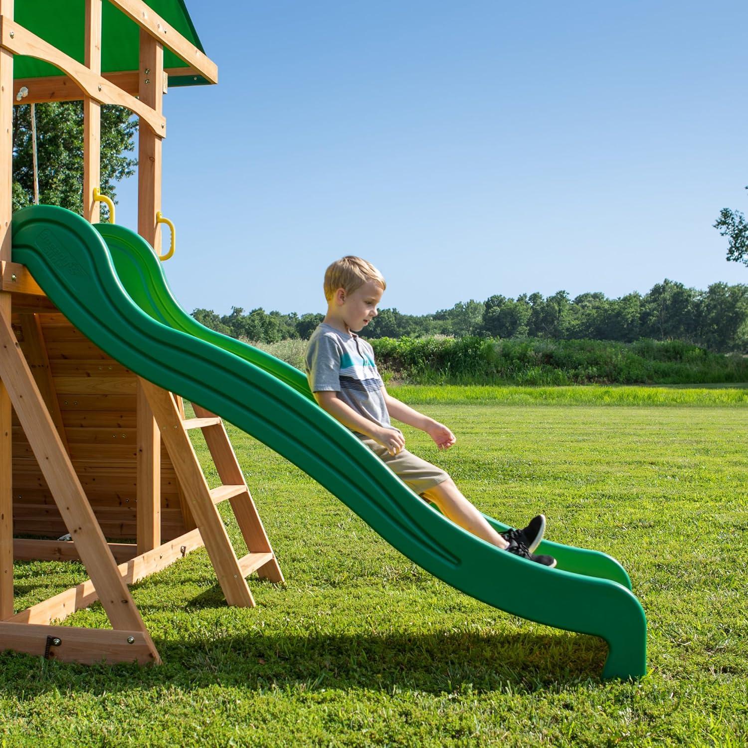 Backyard Discovery Backyard Discovery Mount Mckinley Cedar Wood Swing Set with Wave Slide, Play Deck, Double Rock Wall, and Rope Ladder