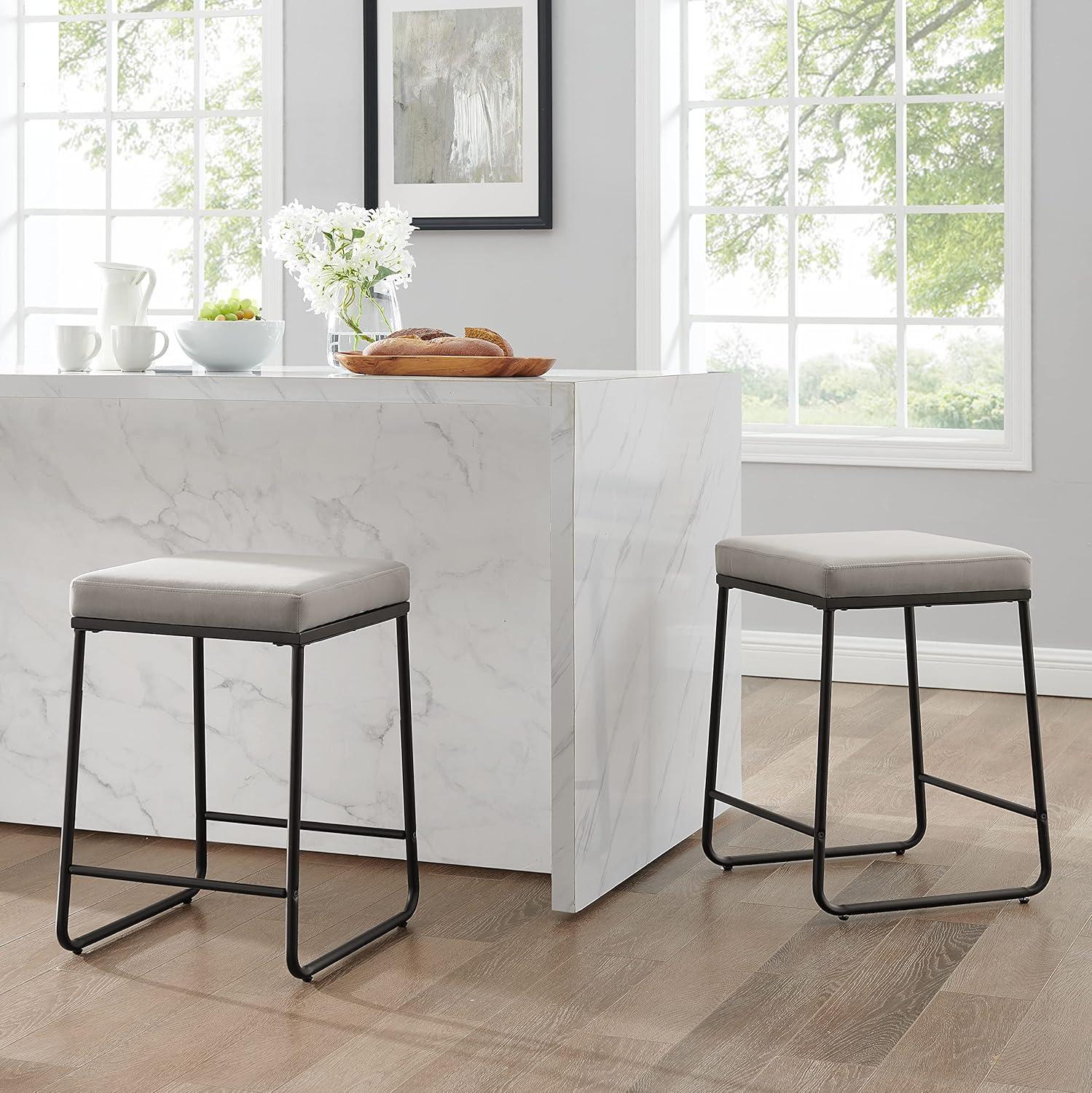 Crosley Set of 2 Beckett Counter Height Barstools Gray: Upholstered Velvet, 24" Seat, Steel Frame