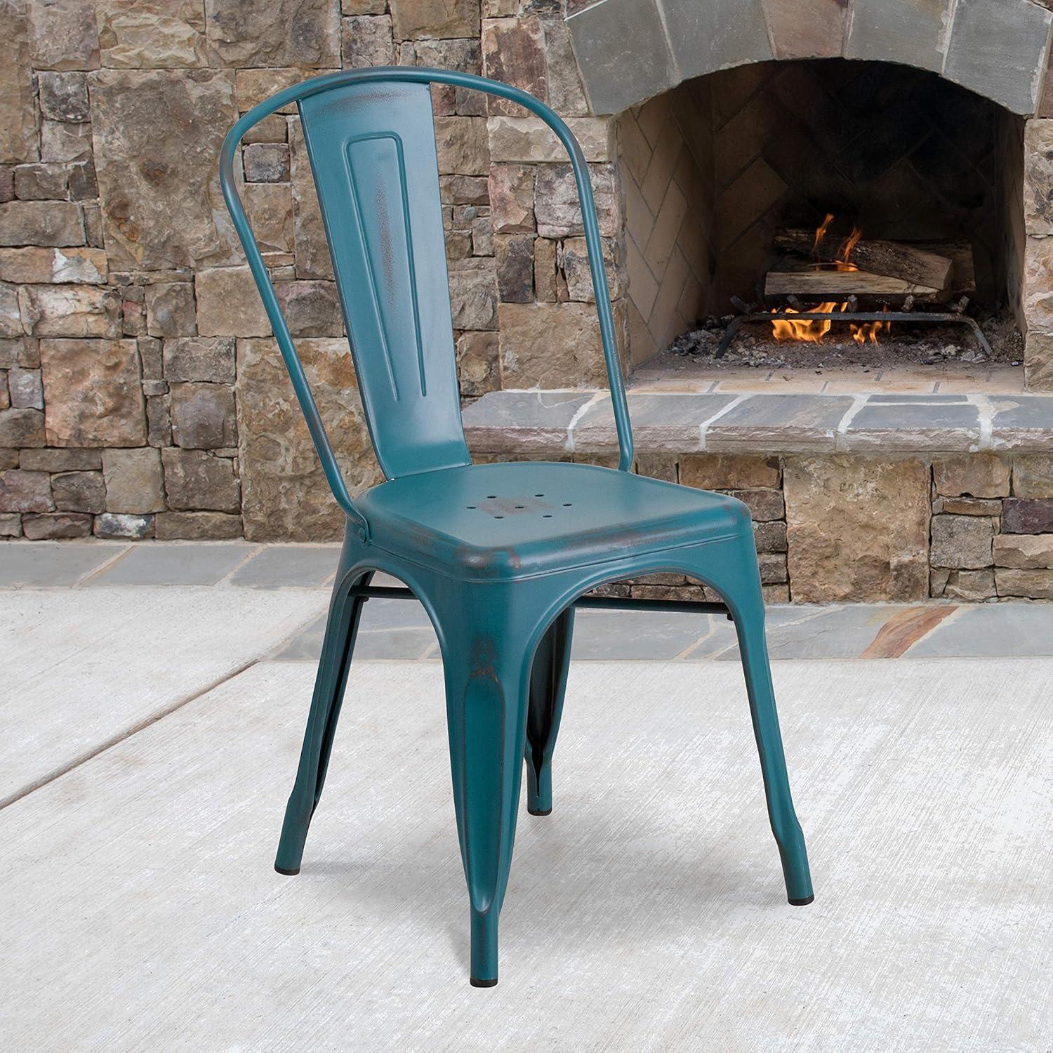 Flash Furniture Commercial Grade Distressed Kelly Blue-Teal Metal Indoor-Outdoor Stackable Chair