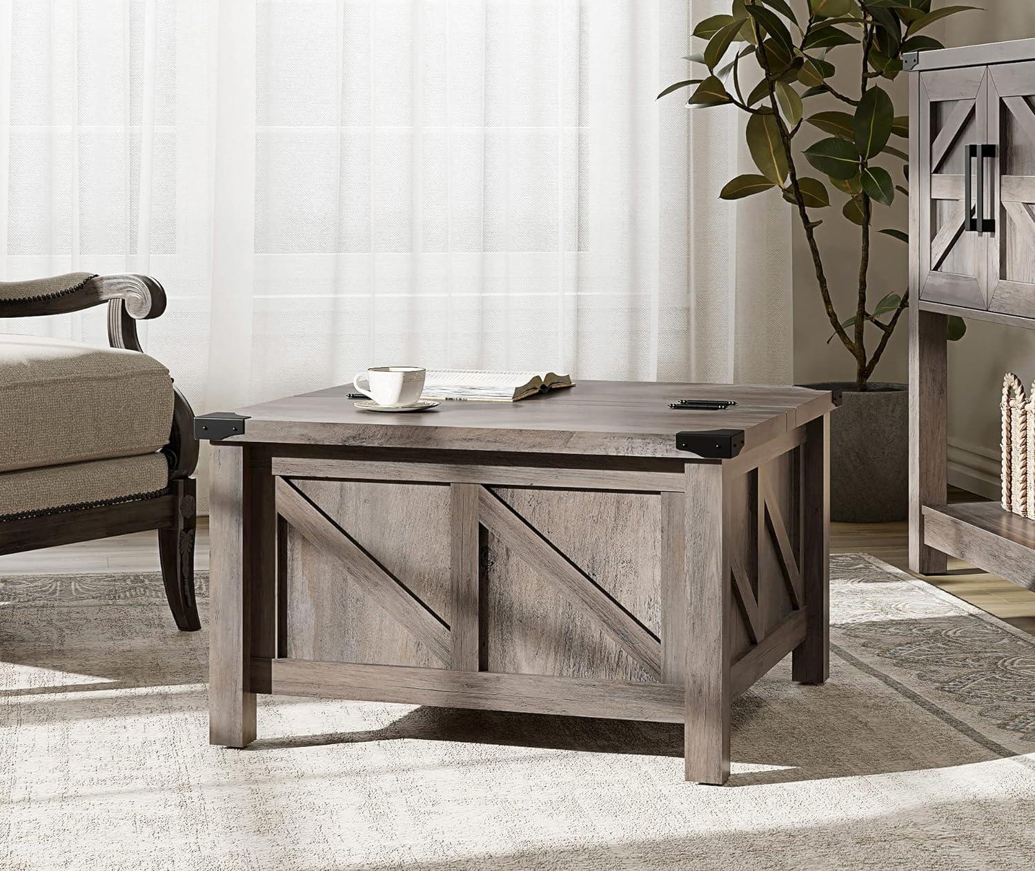 WAMPAT Square Farmhouse Coffee Table with Storage for Living Room, 30x30 inch Wooden Dining Center Table with Gas Spring Flip-Top for Large Hidden Storage, Metal Wrapped Table Corners, Washed Grey
