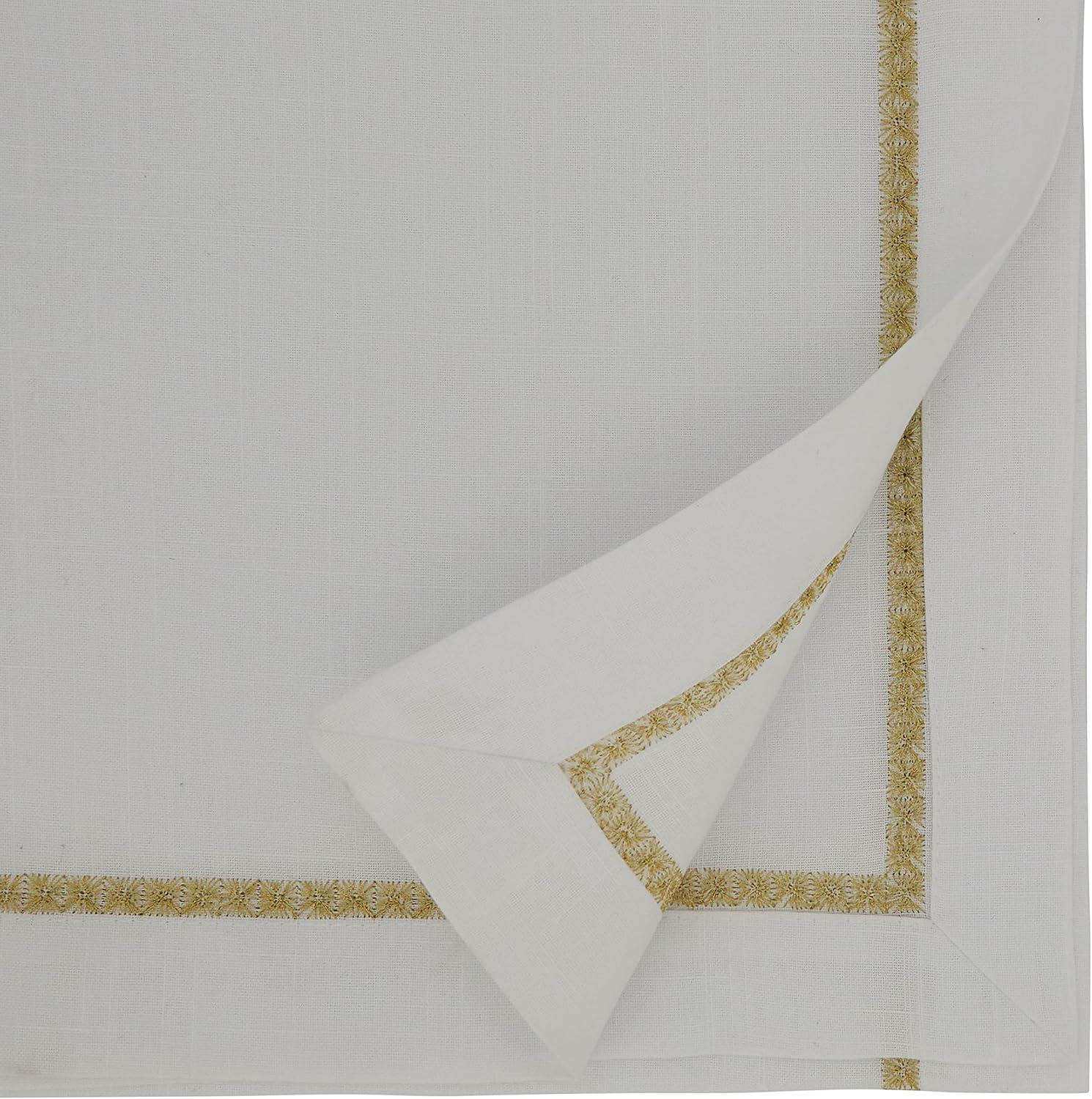 White Rectangular Fabric Tablecloth with Gold Embroidered Border