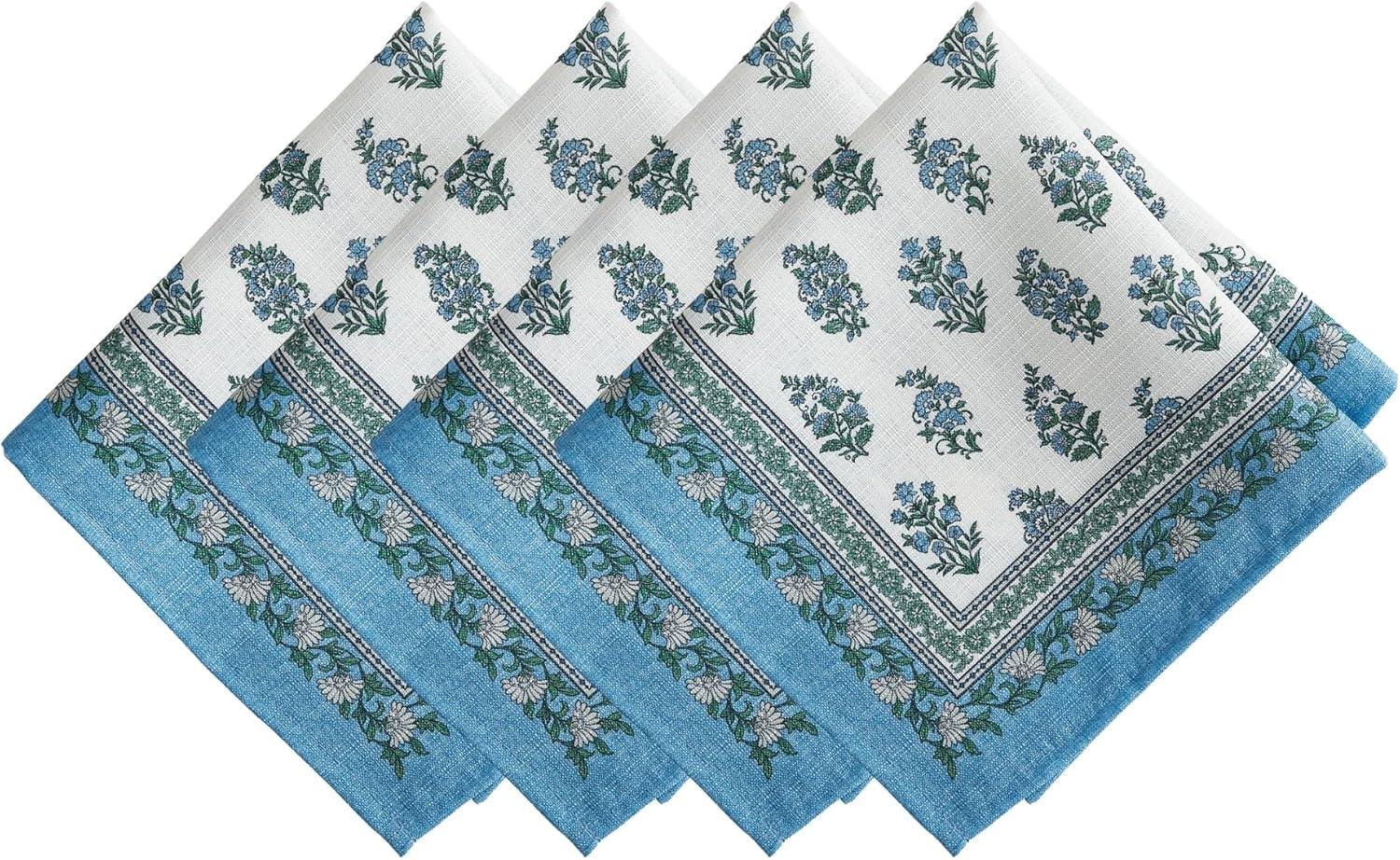 Tropez Blue and Green Polyester Block Print Napkins, Set of 4