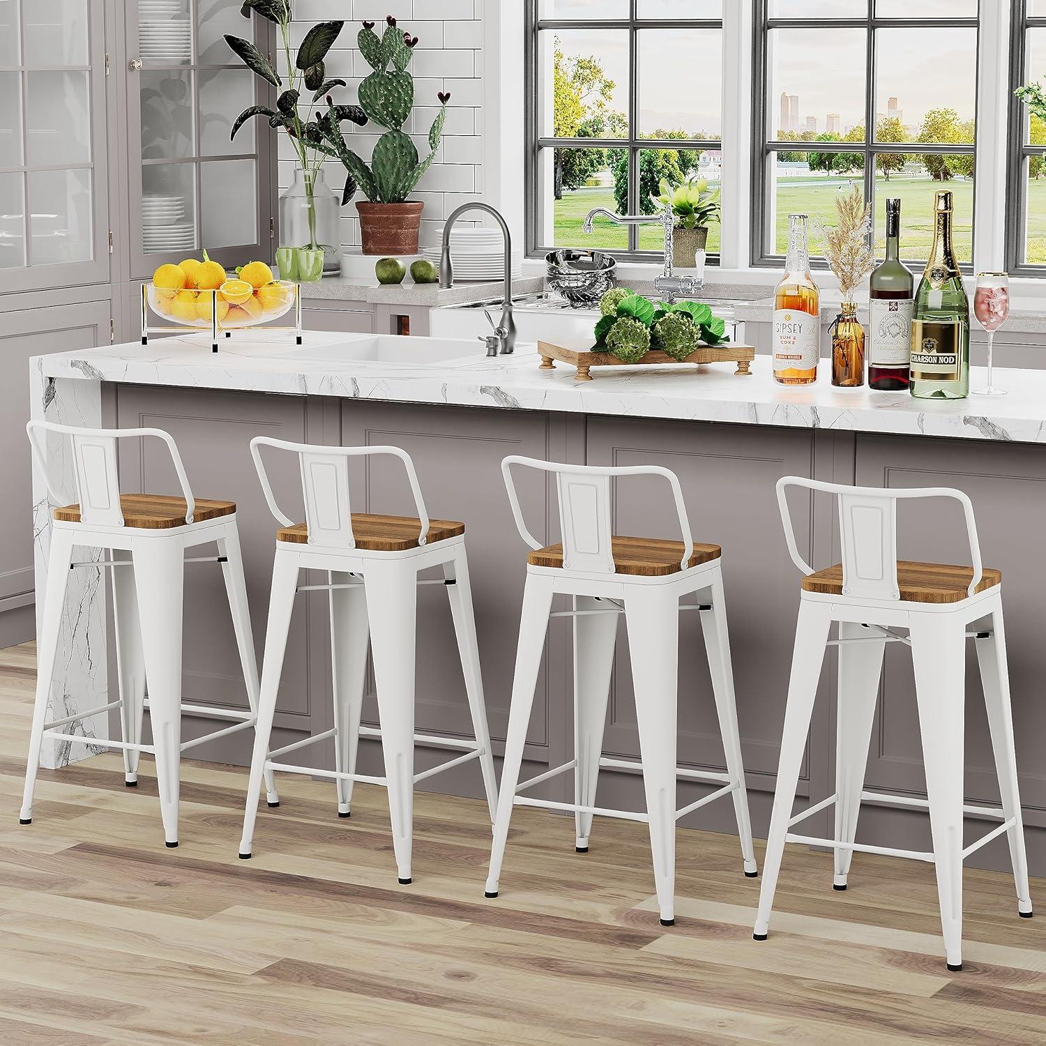 Cream White and Wood Saddle Style Swivel Bar Stools