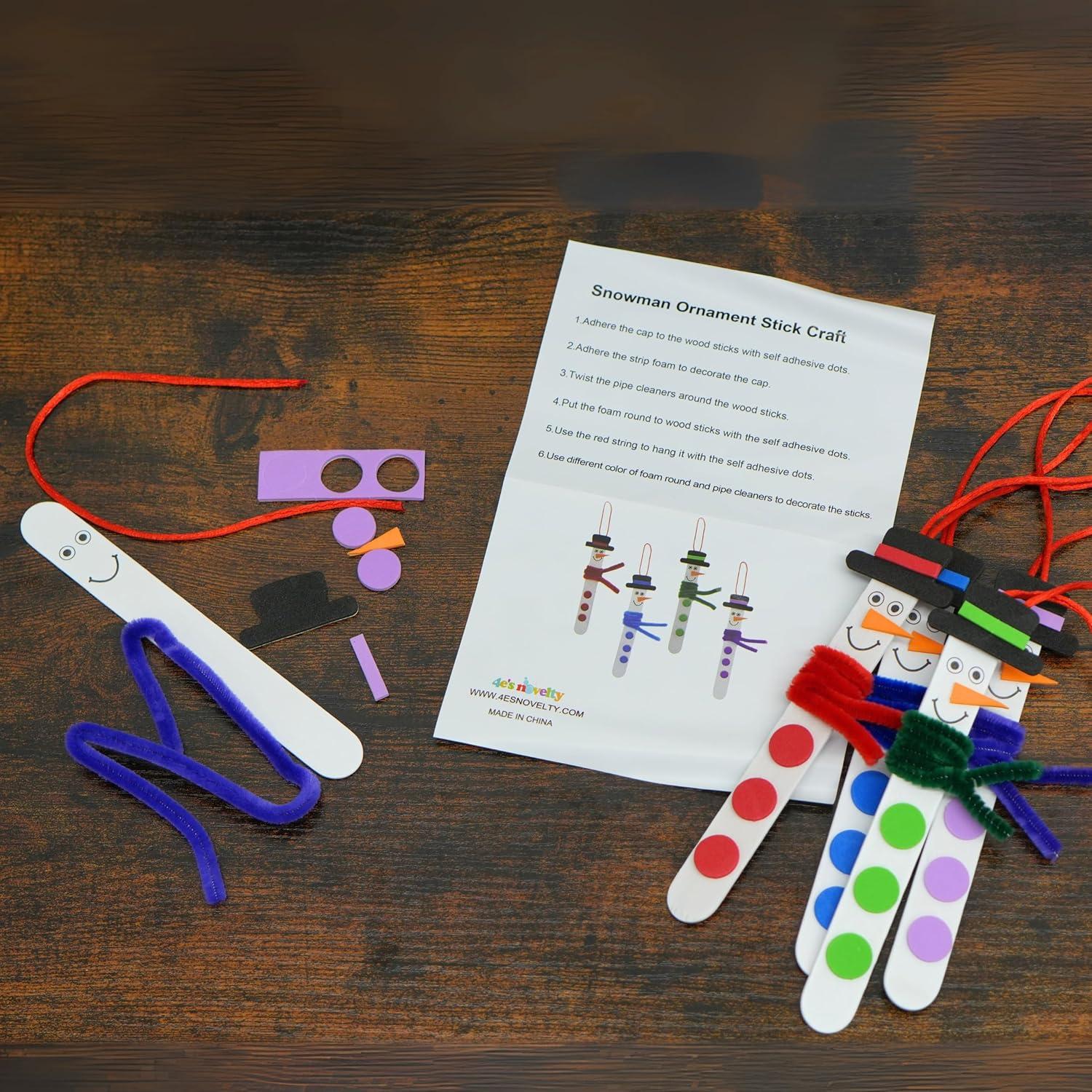 4E's Novelty 12 Pack Christmas Snowman Stick Ornament Craft Kit - Fun DIY Snowman Ornament Kit, Complete Snowman Popsicle Stick Craft for Ages 2-8