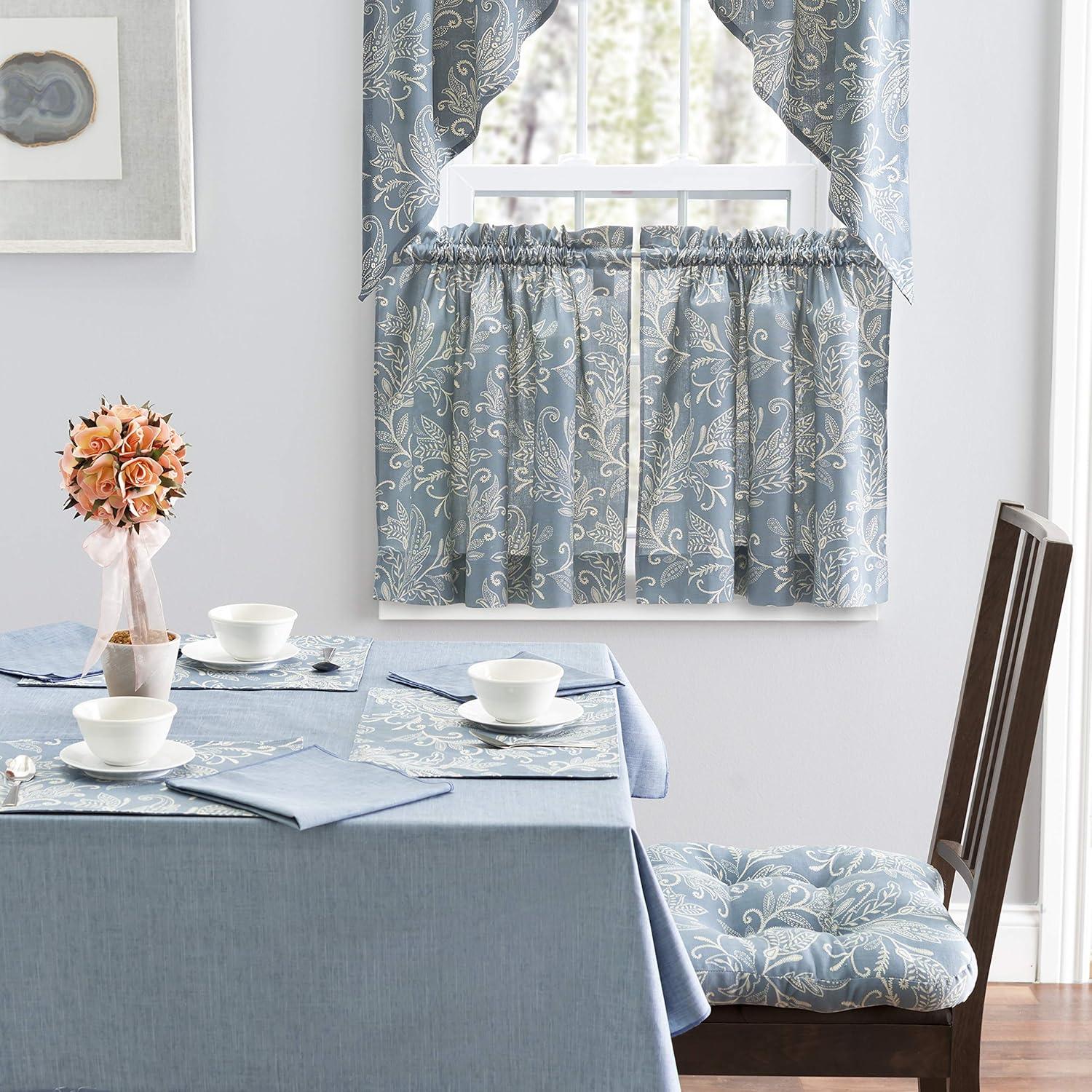 Ellis Curtain Lexington Leaf Pattern on Colored Ground Curtain Tiers Blue