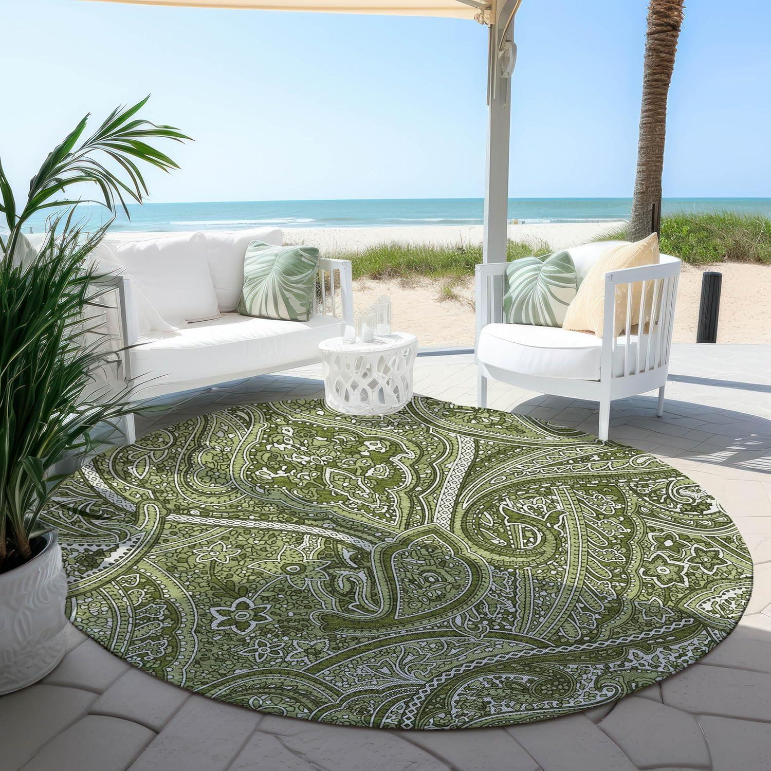 Green Paisley Pattern Round Machine Washable Area Rug