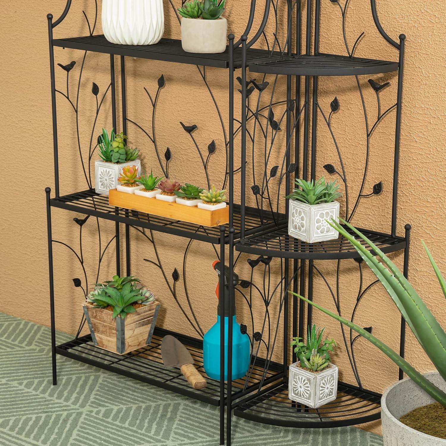 Black Metal 3-Tier Rectangular Plant Stand with Vines and Birds