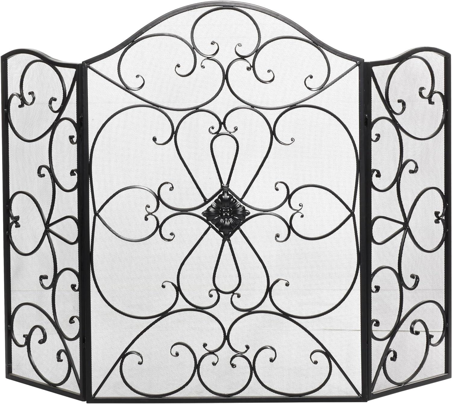 DecMode 49" x 36" Black Metal Foldable 3 Panel Scroll Fireplace Screen with Mesh Netting, 1-Piece