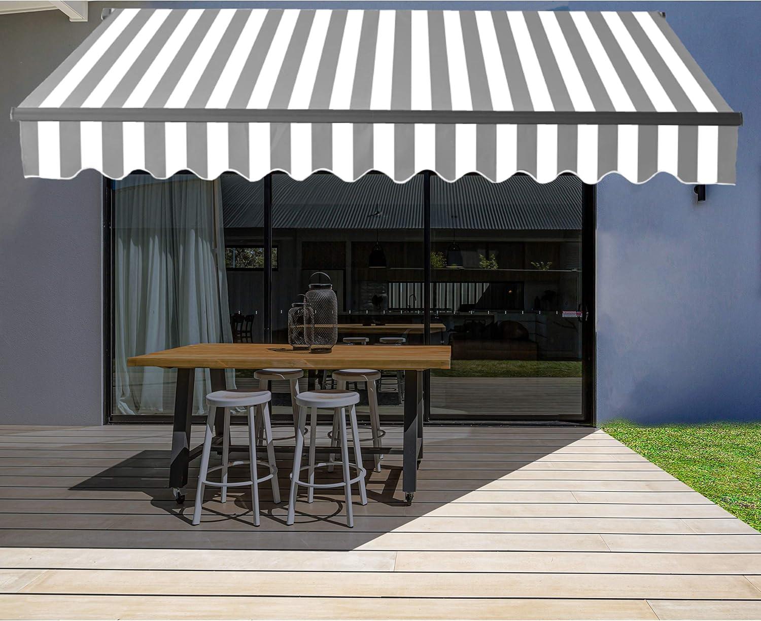 Gray and White Striped Motorized Retractable Patio Awning with Black Frame