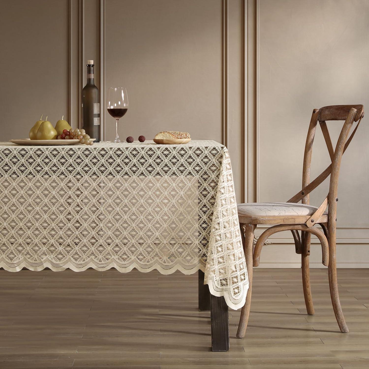 HLC.ME Alona Lace Fabric Table Cloth for Round Tables, Wrinkle Resistant, Patterned Scalloped Tablecloth - Linen, 70 Round